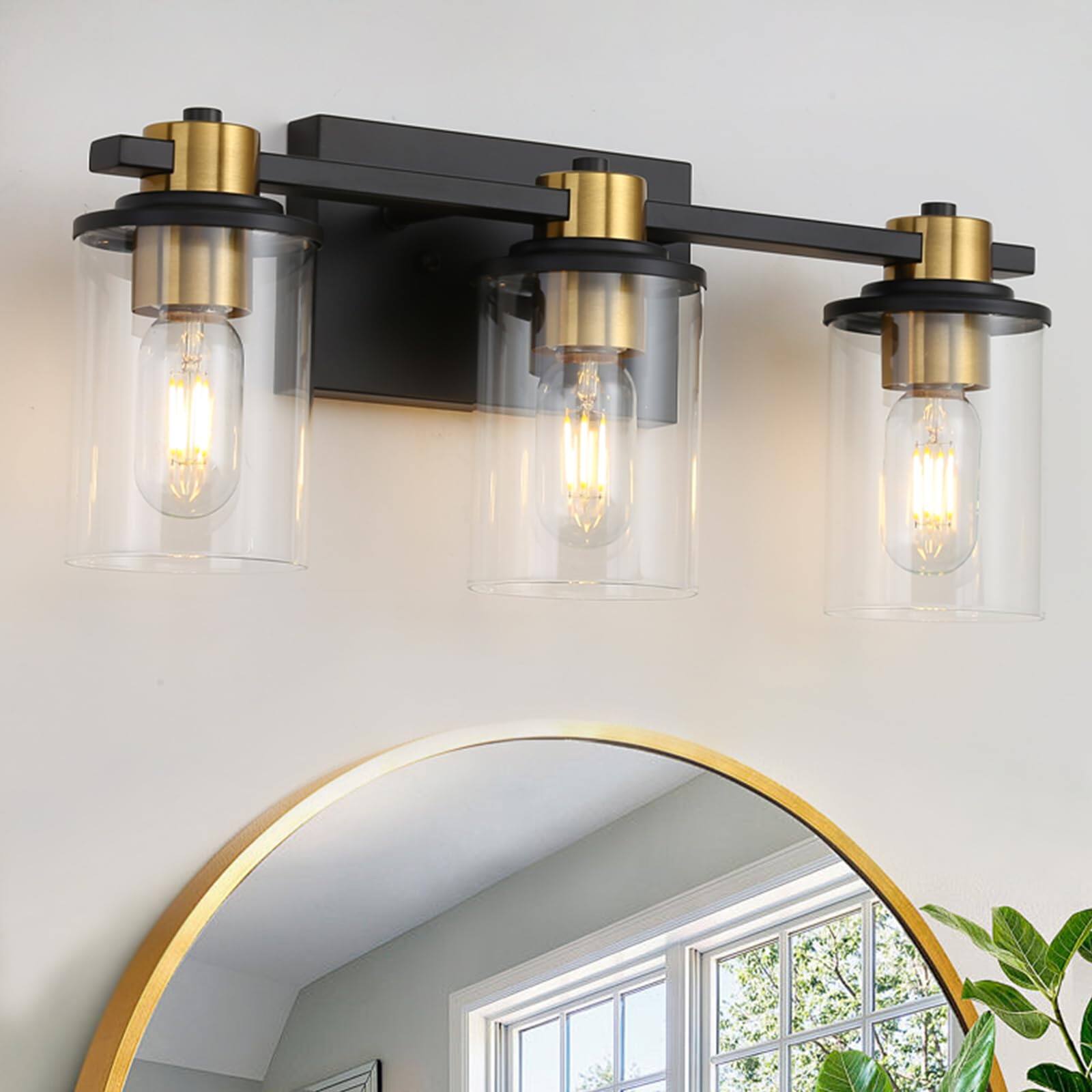 Front. Dazzling Pops - Bathroom Lighting Fixtures And Light Vanity Over Mirror With Clear Glass Shades Brushed Socket Wall For Bed - Black and Gold 3 Light.