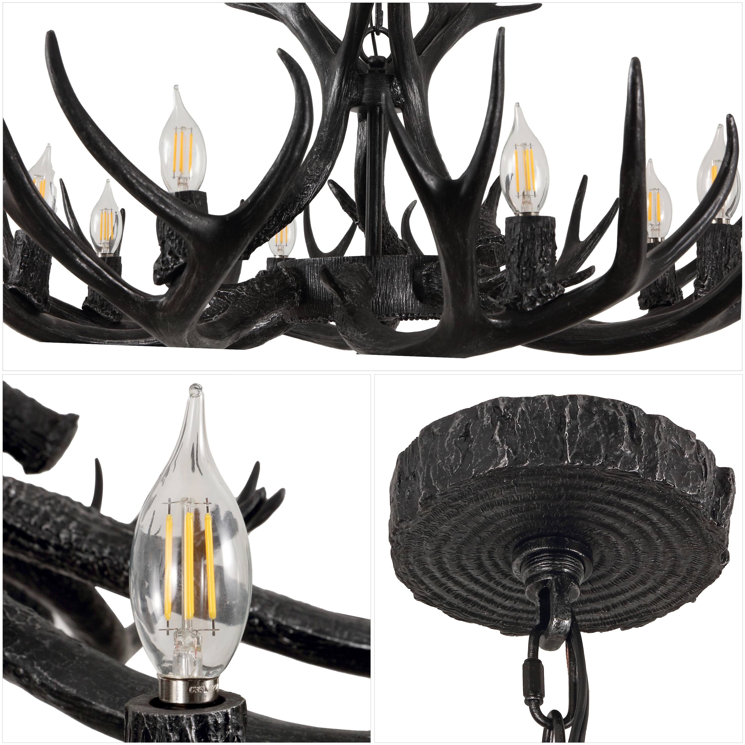 Alt View 4. Jonathan Y - Eldora 36" 8-Light Rustic Farmhouse Adjustable Resin Antler LED Chandelier, Black - Black.