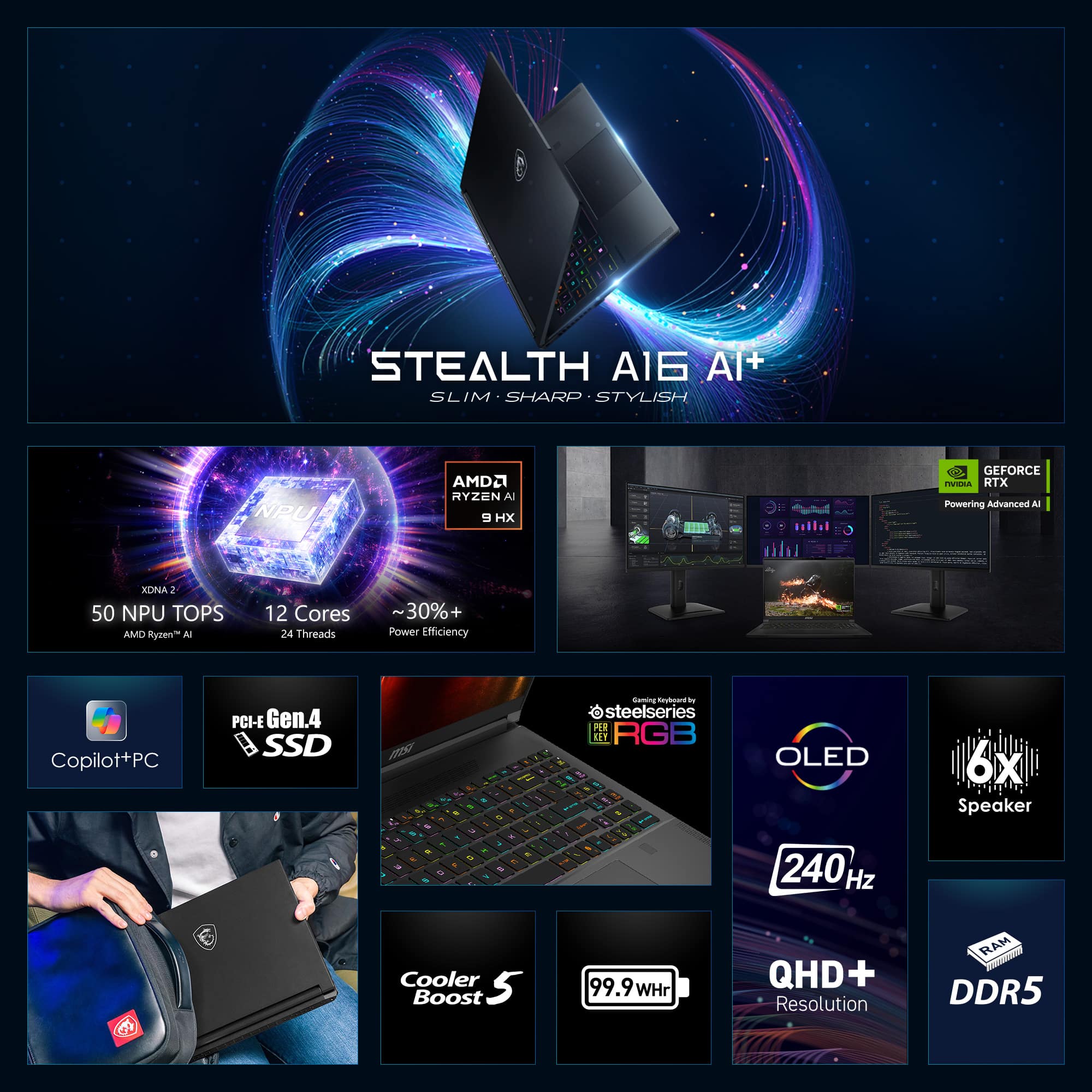 The image features a laptop with a keyboard and mouse, advertising a Stealth A16 Al+ Slim Sharp Stylish NPUA AMD2 Ryzen Al 9 HX GeForce - RTX. The laptop is shown in various positions, including a close-up view of the keyboard and mouse. The advertisement also highlights the laptop's features, such as 50 NPU TOPS, AMD Ryzen Al 12 Cores 24 Threads, and 30% Power Efficiency. Additionally, the laptop is equipped with a Copilot+PC PCI-E Gen.4 SSD ms, a steelseries PER RGB - OLED 240 Hz, and a 6x Speaker Cooler Boost 5 99.9WHr QHD+ Resolution RAM DDR5.