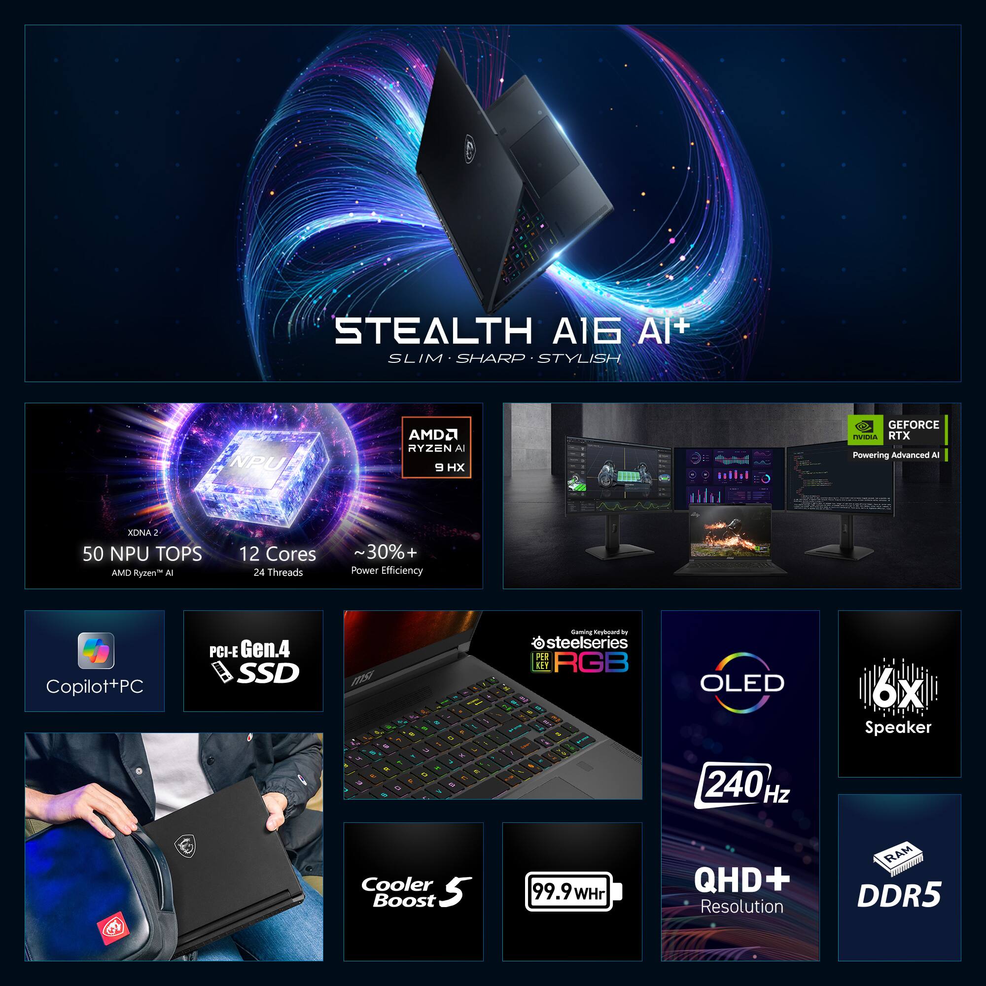 The image features a laptop with a keyboard and mouse, advertising a Stealth A16 Al+ Slim Sharp Stylish NPUA AMD2 Ryzen Al 9 HX GeForce - RTX. The laptop is shown in various positions, including a close-up view of the keyboard and mouse. The advertisement also highlights the laptop's features, such as 50 NPU TOPS, AMD Ryzen Al 12 Cores 24 Threads, and 30% Power Efficiency. Additionally, the laptop is equipped with a Copilot+PC PCI-E Gen.4 SSD ms, a steelseries PER RGB - OLED 240 Hz, and a 6x Speaker Cooler Boost 5 99.9WHr QHD+ Resolution RAM DDR5.