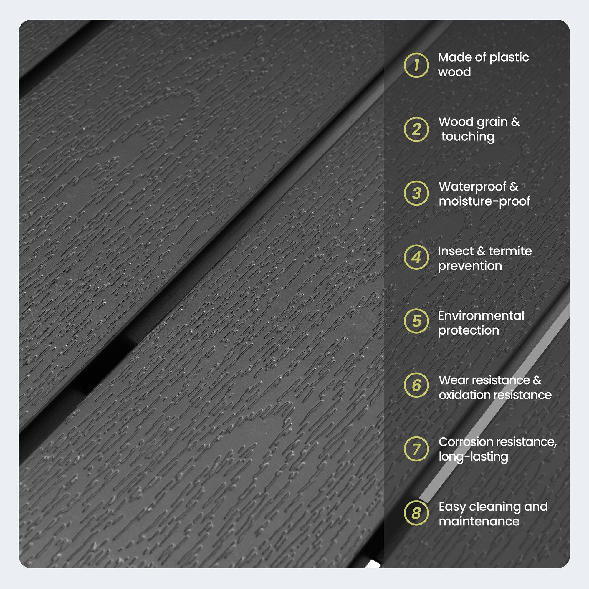 1. Made of plastic wood  
2. Wood grain & touching  
3. Waterproof & moisture-proof  
4. Insect & termite prevention  
5. Environmental protection  
6. Wear resistance & oxidation resistance  
7. Corrosion resistance, long-lasting  
8. Easy cleaning and maintenance