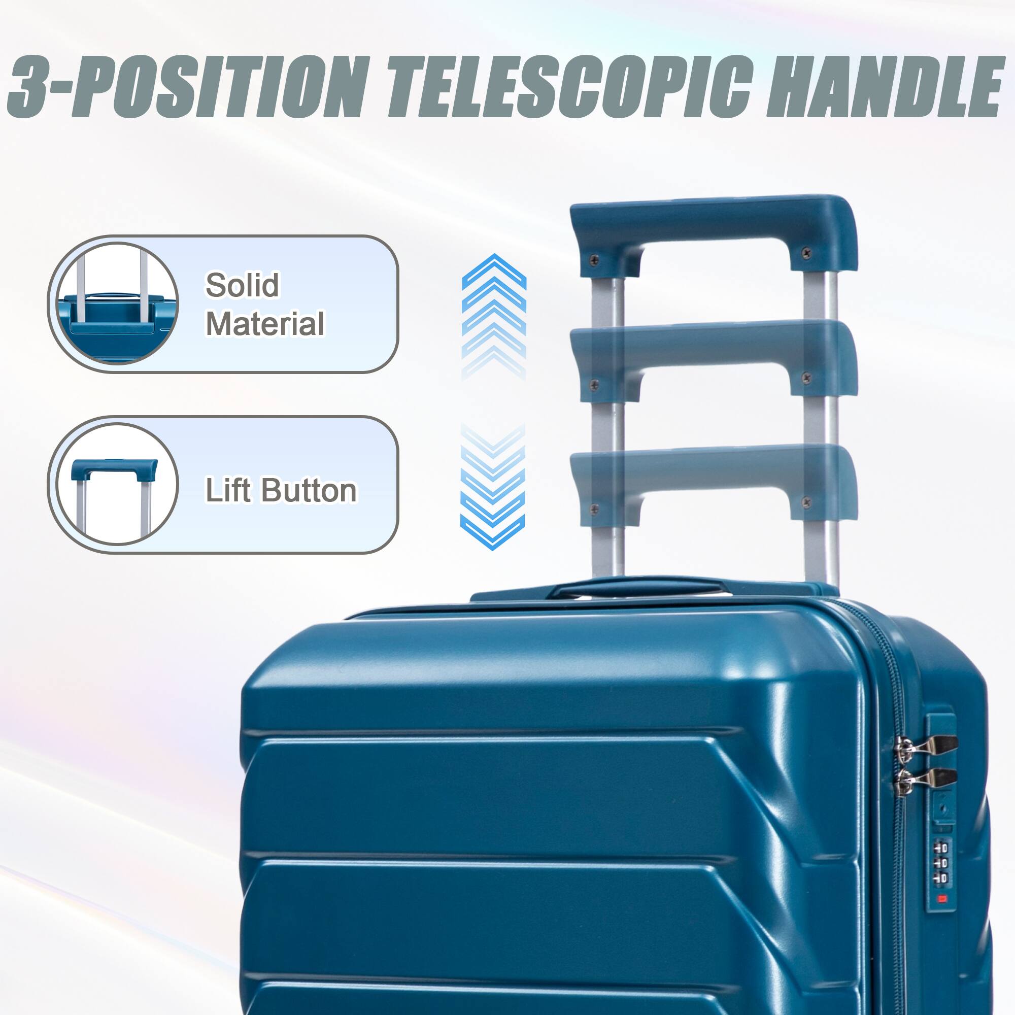 3-POSITION TELESCOPIC HANDLE

Solid Material

Lift Button