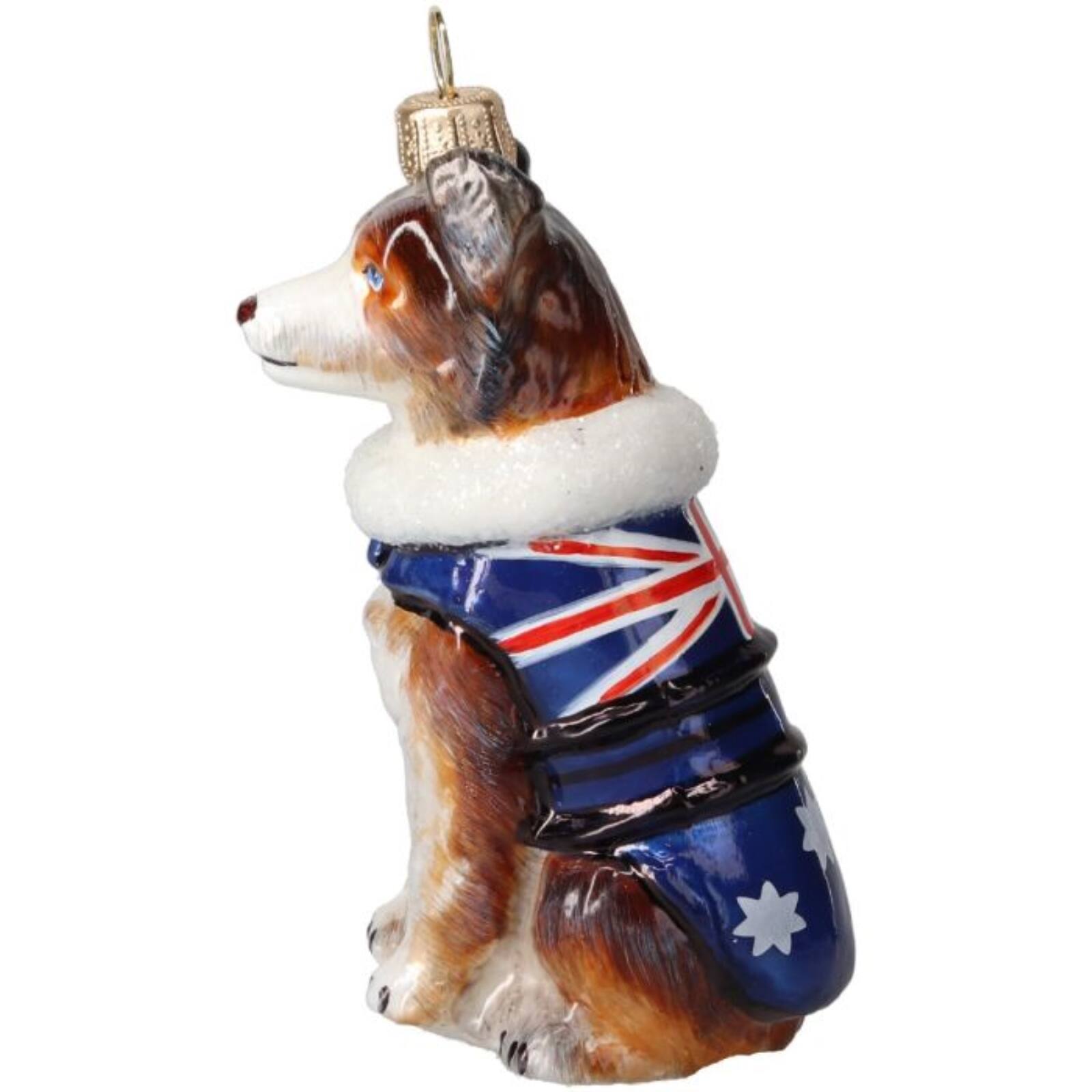 Angle. Joy to the World Collectibles - Joy to the World Australian Shepherd in Australia Flag Coat Polish Glass Ornament - Multicolor.