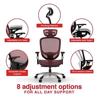 Pivoting headrest  
Adjustable armrests  
Adjustable seat height  
Adjustable lumbar support  
Tilt & tension control  

8 adjustment options  
FOR ALL DAY SUPPORT