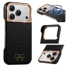 Dteck - Luxury PU Leather Texture Magnetic Case for Apple iPhone 17 Pro Max with Diamond Lens Border, Shockproof Hard PC Cover - Black