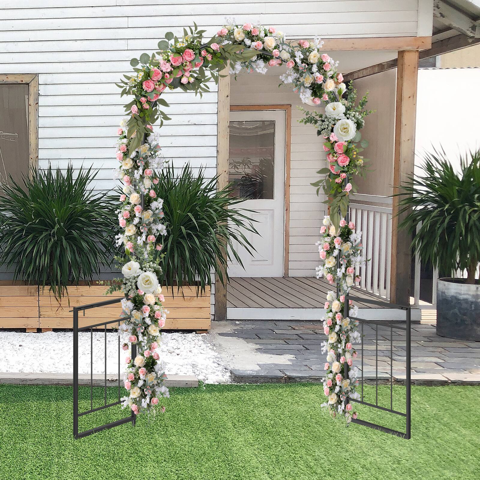 Angle. Oumilen - Metal Garden Arch Trellis with Side Gate, Black Anti-Rust Climbing Vine Arbor with Ground Spikes.