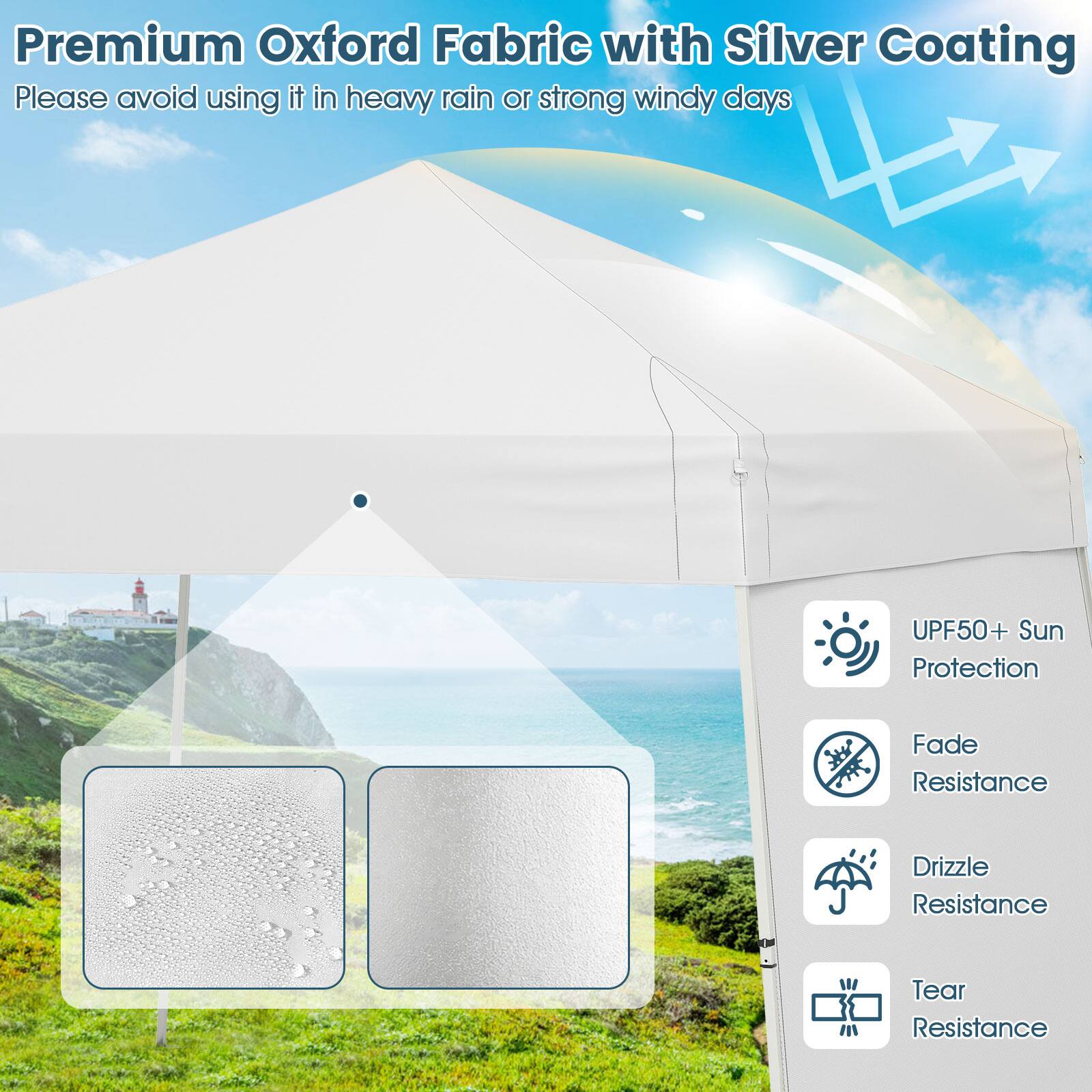 Premium Oxford Fabric with Silver Coating. Please avoid using it in heavy rain or strong windy days. Features: UPF50+ Sun Protection, Fade Resistance, Drizzle Resistance, Tear Resistance.