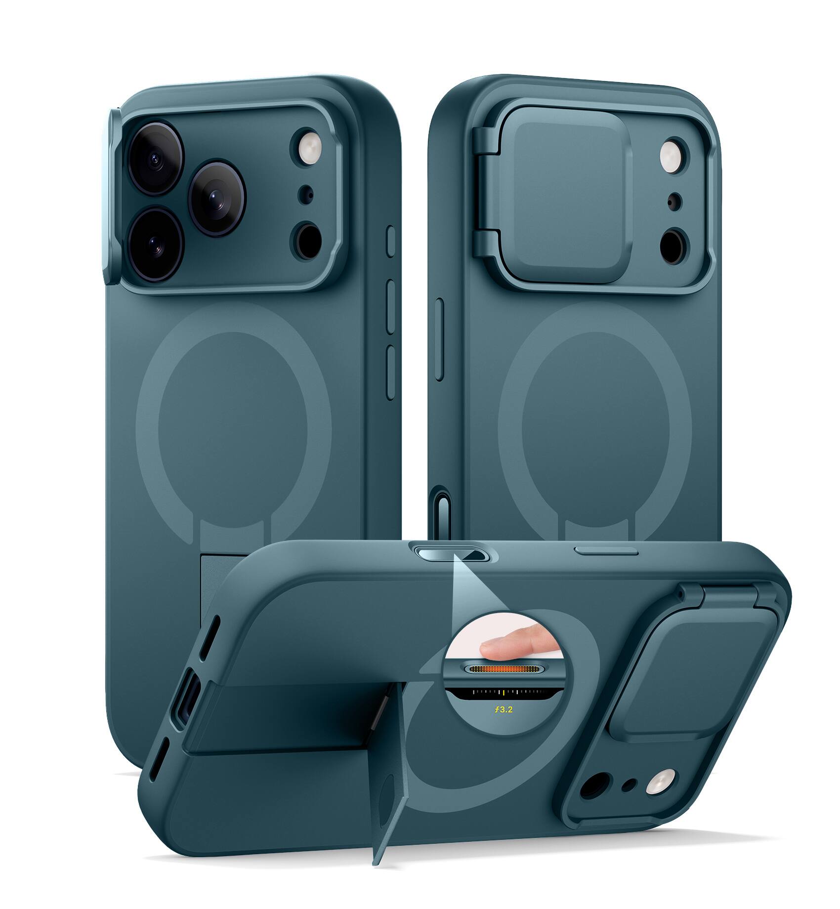 SURITCH - Phone Case for iPhone 17 Pro with Magnetic Camera Slide Cover&Kickstand, Compatible with MagSafe,Shockproof Bumper Cover - Lake Green