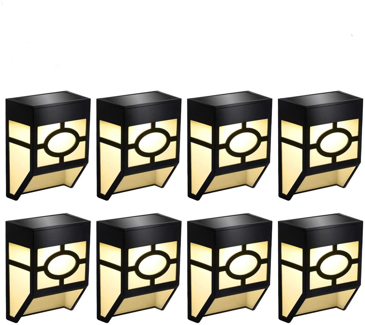 Back. Oumilen - 8 Pack Vintage Solar Wall Mount Lights – Warm White 2-LED Outdoor Solar Fence Lamp for Patio Deck.