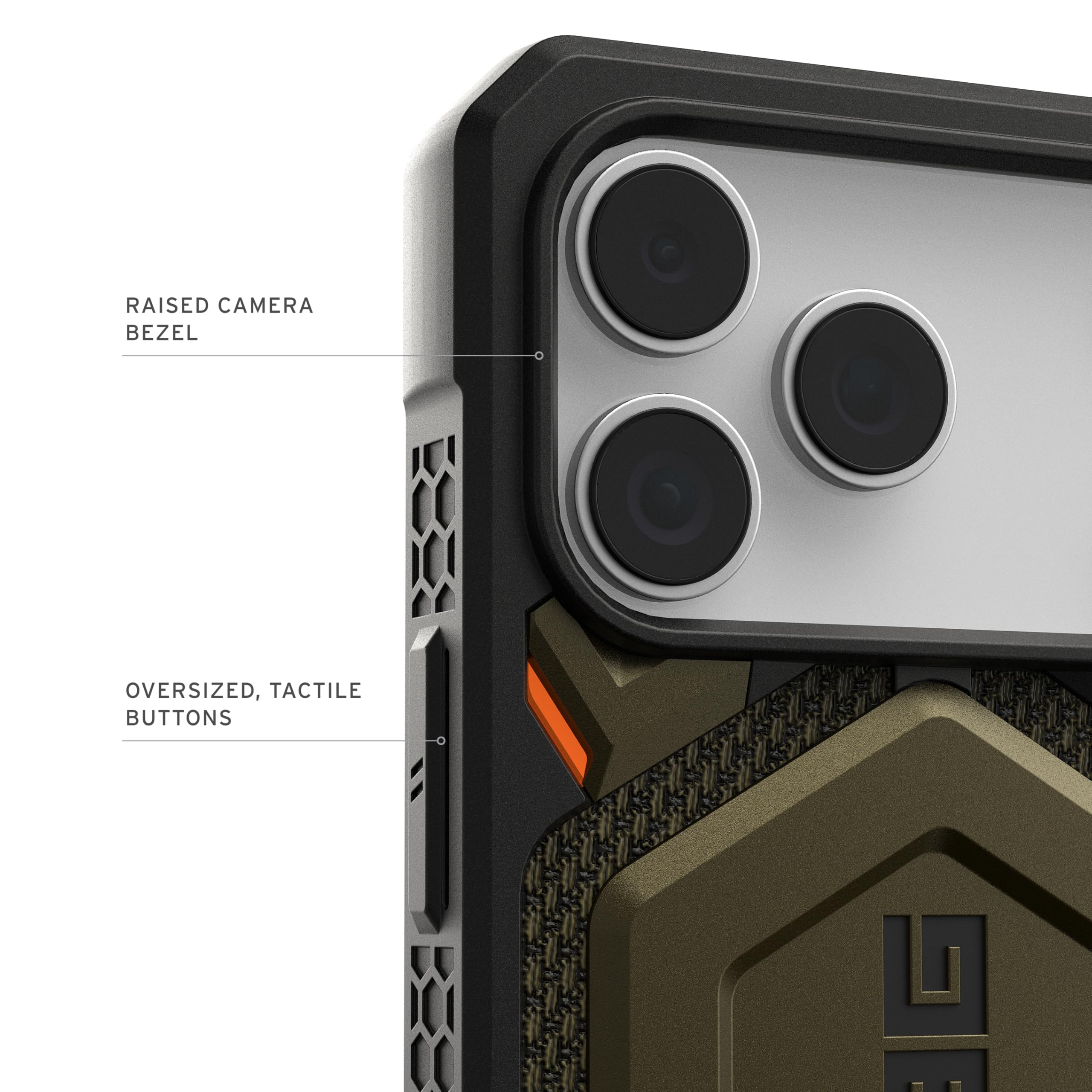 RAISED CAMERA BEZEL  
OVERSIZED, TACTILE BUTTONS