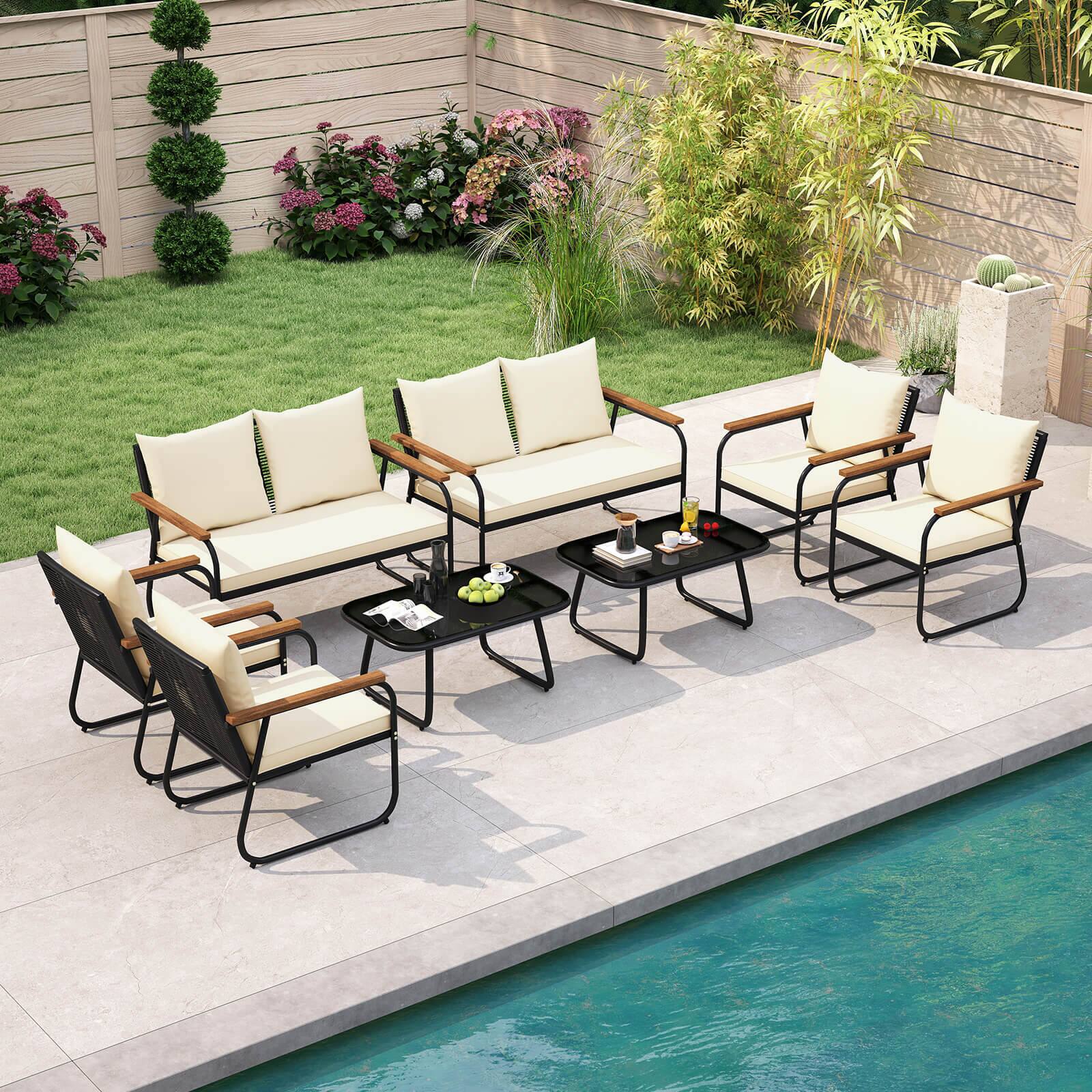 Alt View 3. Costway - Costway 8 PCS Patio Furniture Set with Tempered Glass Coffee Table PE Wicker Rattan Chairs - Black,Off White.
