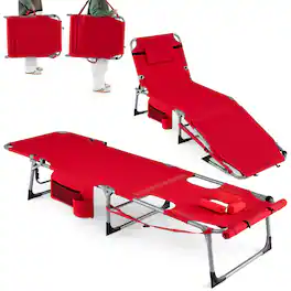 Gymax - 2PCS Tanning Chair w/Face Arm Holes 4-Level Backrest & Head Pillow Side Pocket - Red