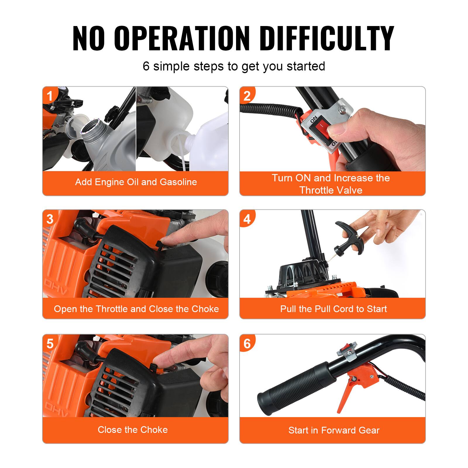 NO OPERATION DIFFICULTY  
6 simple steps to get you started  

1. Add Engine Oil and Gasoline  
2. Turn ON and Increase the Throttle Valve  
3. Open the Throttle and Close the Choke  
4. Pull the Pull Cord to Start  
5. Close the Choke  
6. Start in Forward Gear