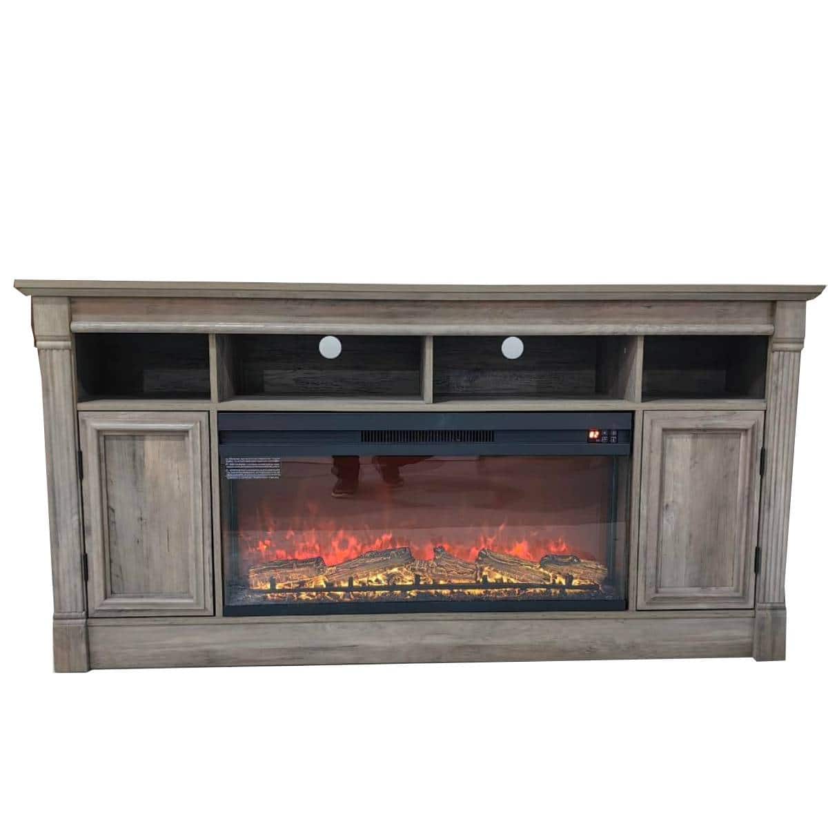 Qeetex - 68" Fireplace TV Stand for 75" TVs, Built in 36" Electric Fireplace Entertainment Center with Open Shelfves & Cabinets - Gray