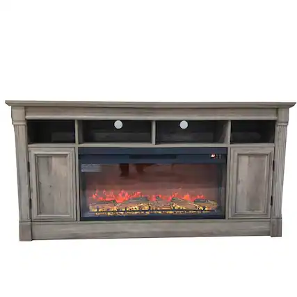 Front. Qeetex - 68" Fireplace TV Stand for 75" TVs, Built in 36" Electric Fireplace Entertainment Center with Open Shelfves & Cabinets - Gray.