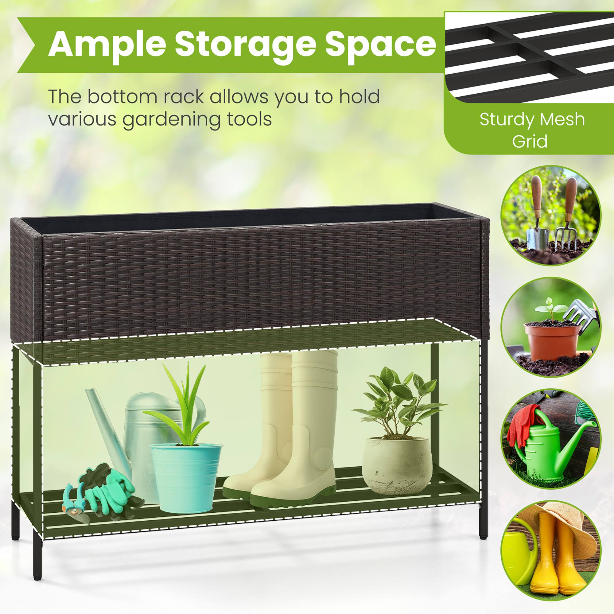 Ample Storage Space

The bottom rack allows you to hold various gardening tools

Sturdy Mesh Grid