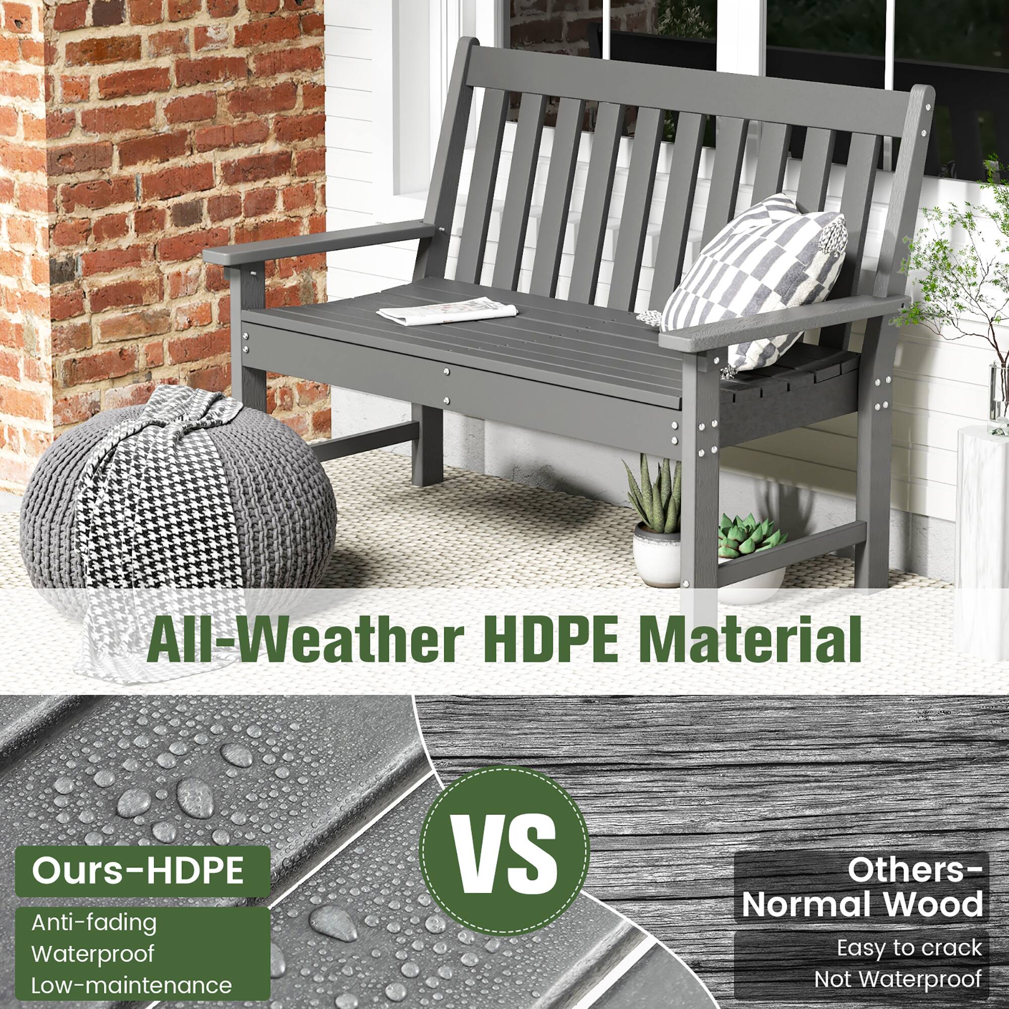 All-Weather HDPE Material

Ours-HDPE: Anti-fading, Waterproof, Low-maintenance

VS

Others- Normal Wood: Easy to crack, Not Waterproof