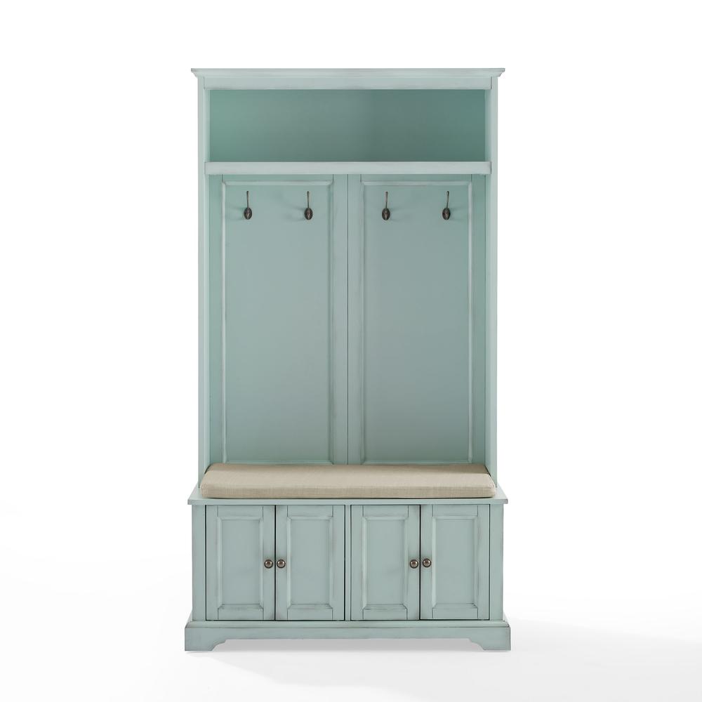 Left. Crosley Furniture - Holbrook Hall Tree - Distressed Seafoam Blue.