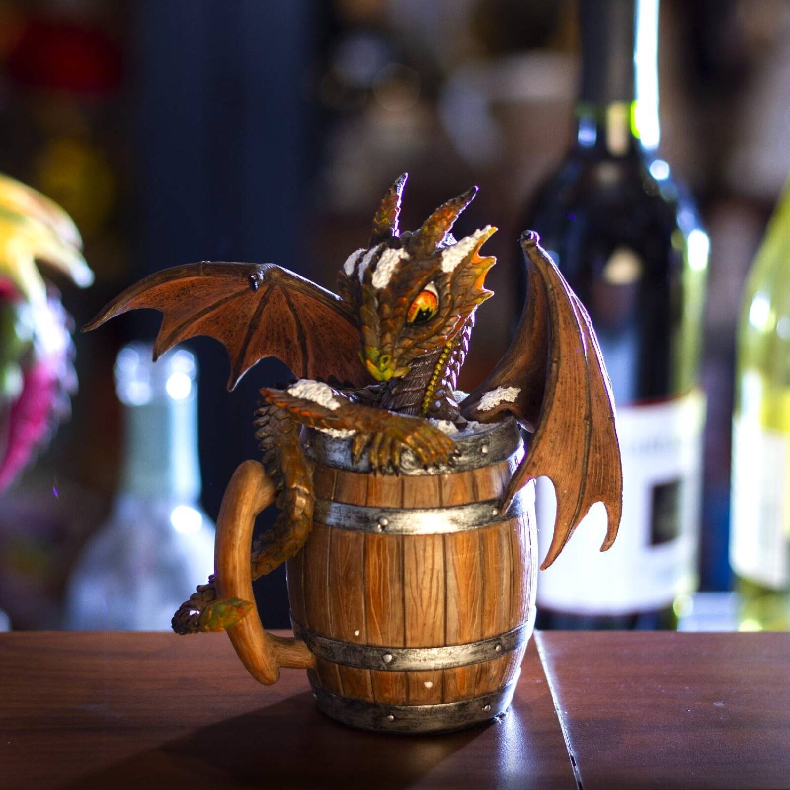 Angle. Pacific Trading - Dark Beer Wooden Barrel Mug Winged Dragon Resin Figurine By Stanley Morrison 6 inch.