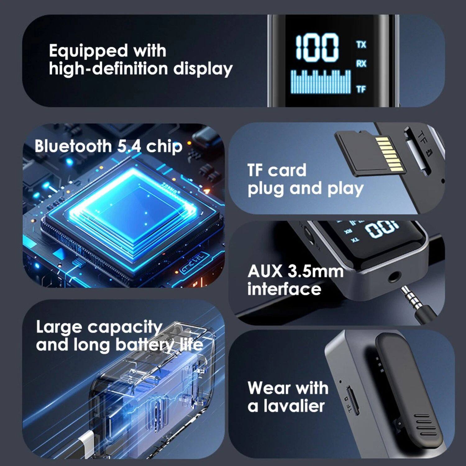 - Equipped with high-definition display
- Bluetooth 5.4 chip
- TF card plug and play
- AUX 3.5mm interface
- Large capacity and long battery life
- Wear with a lavalier