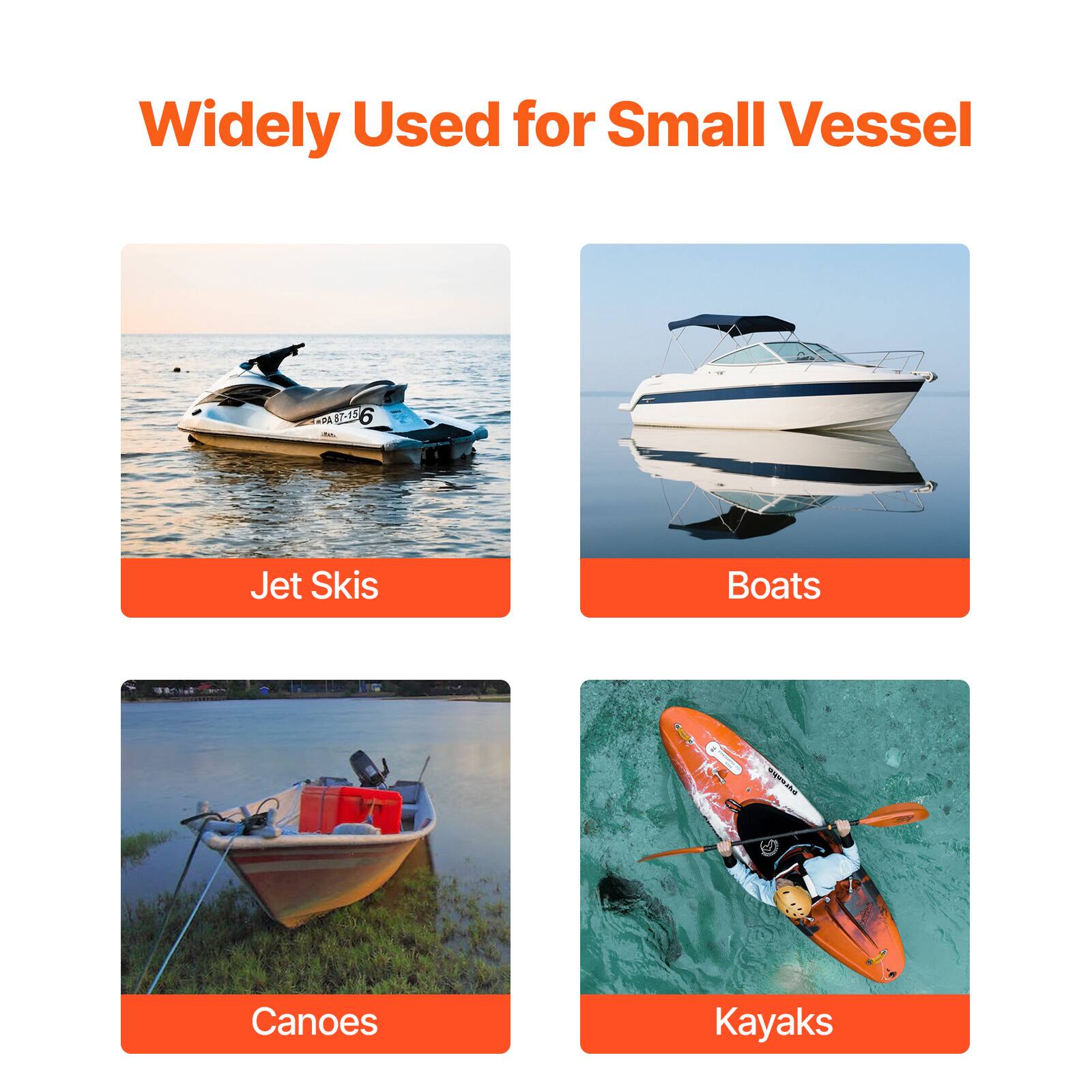 Widely Used for Small Vessel

- Jet Skis
- Boats
- Canoes
- Kayaks