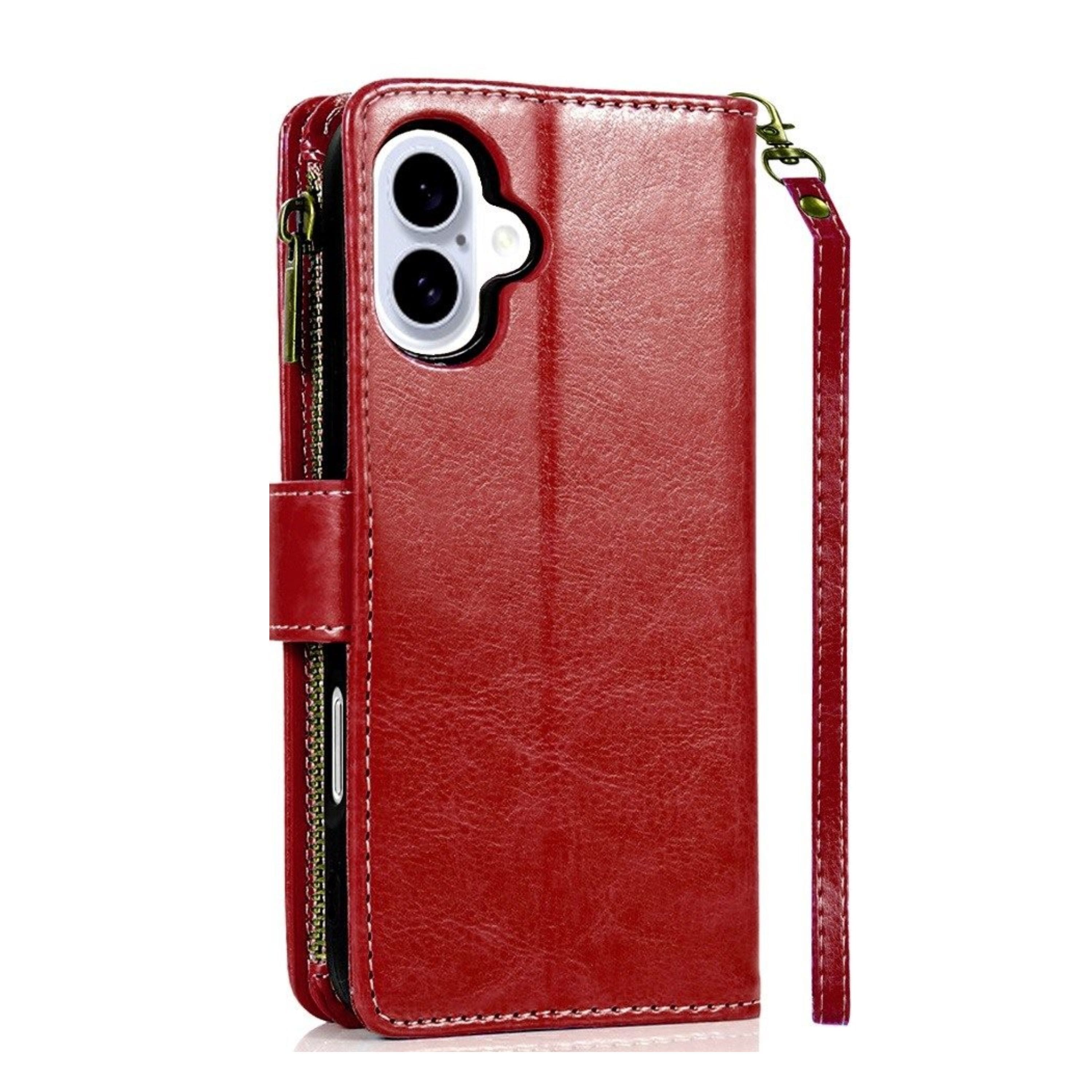 Kitcheniva - PU Leather Phone Wallet Zipper With Tempered Glass For iPhone 16 6.1" - Red