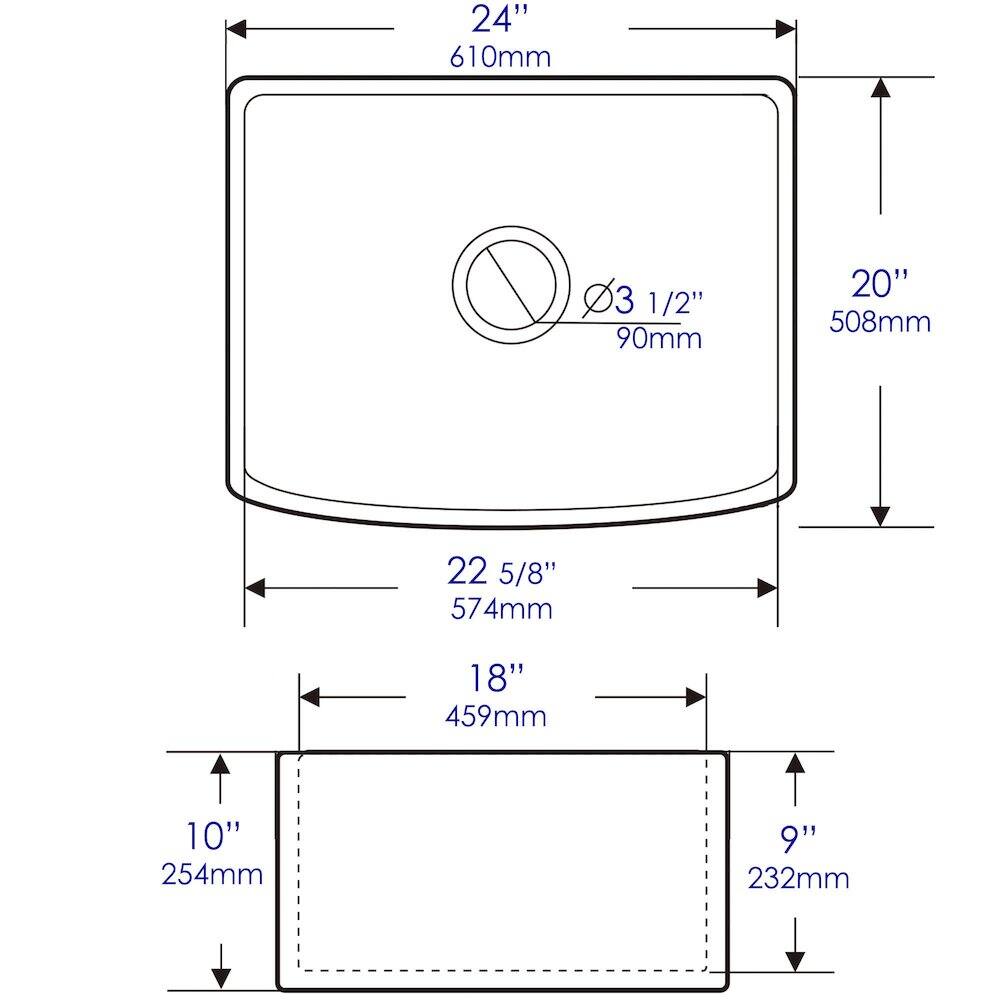 24" 610mm  
3 1/2" 90mm  
20" 508mm  
22 5/8" 574mm  
18" 459mm  
10" 254mm  
9" 232mm