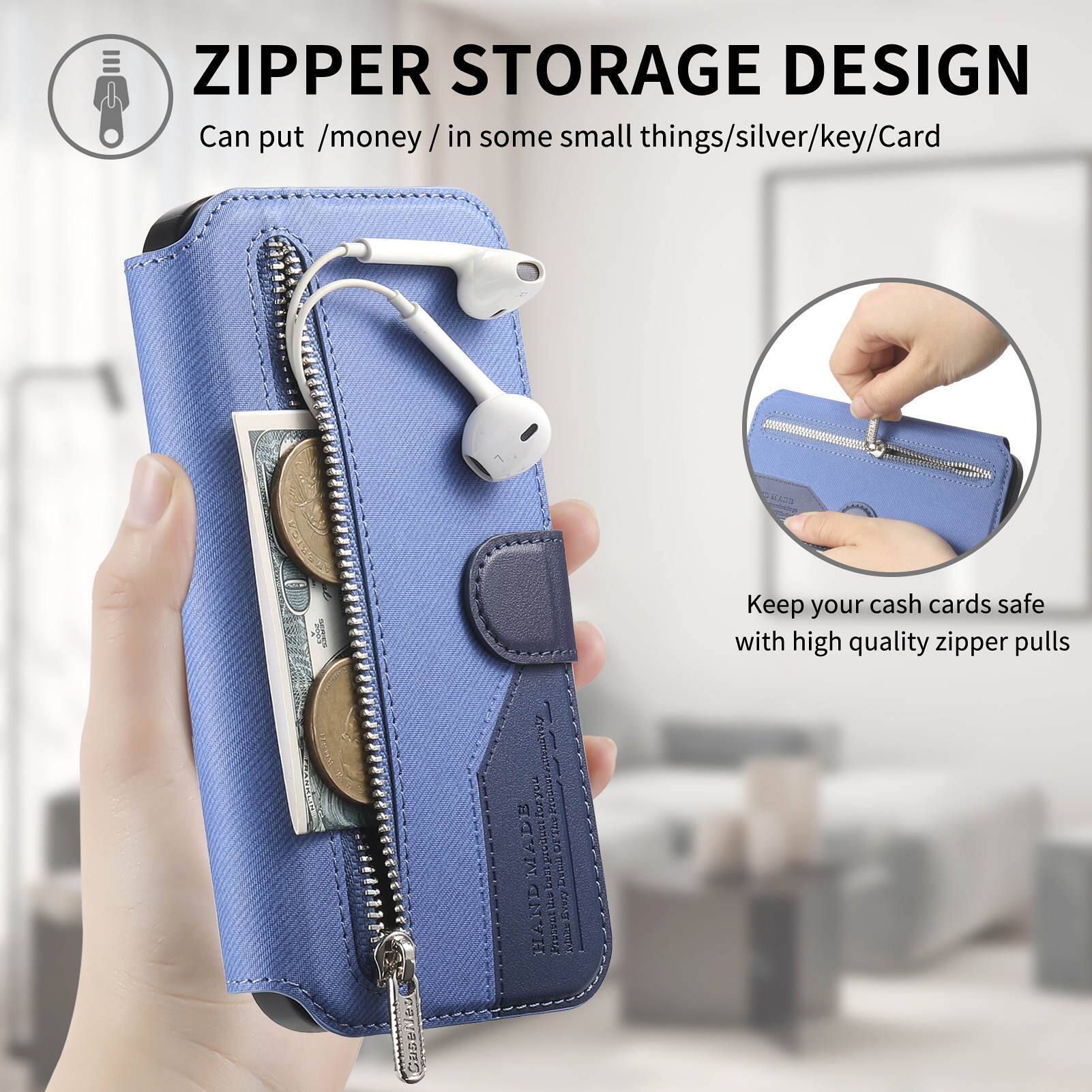 ZIPPER STORAGE DESIGN  
Can put /money / in some small things/silver/key/Card  
Keep your cash cards safe with high quality zipper pulls