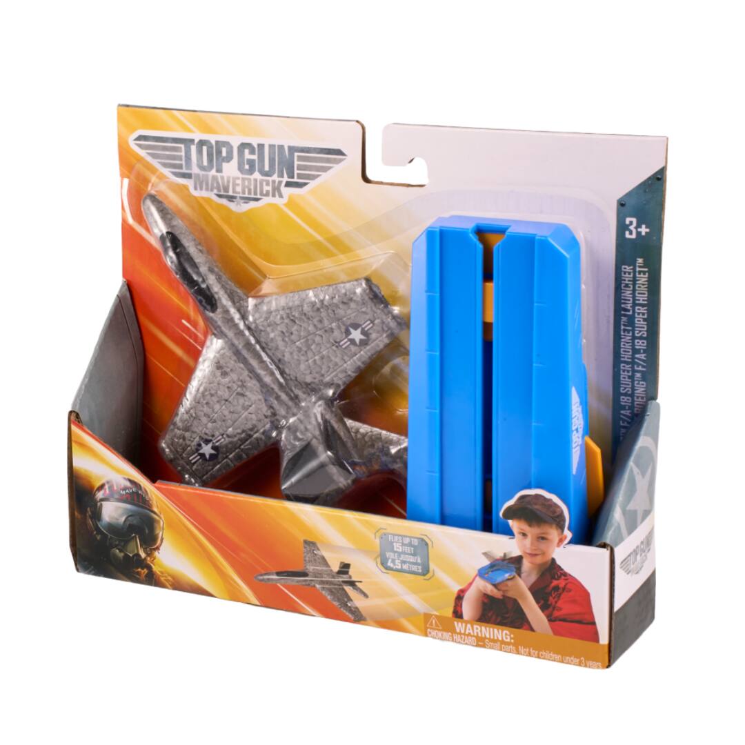 TOP GUN MAVERICK  
3+ LAUNCHER HORNET HORNET SUPER SUPER F F/A-18 F/A-18  
FLIES UP TO 15 FEET / VOLÉ JUSQU'A 4,5 MÈTRES  
WARNING: CHOKING HAZARD - Small parts. Not for children under 3 years