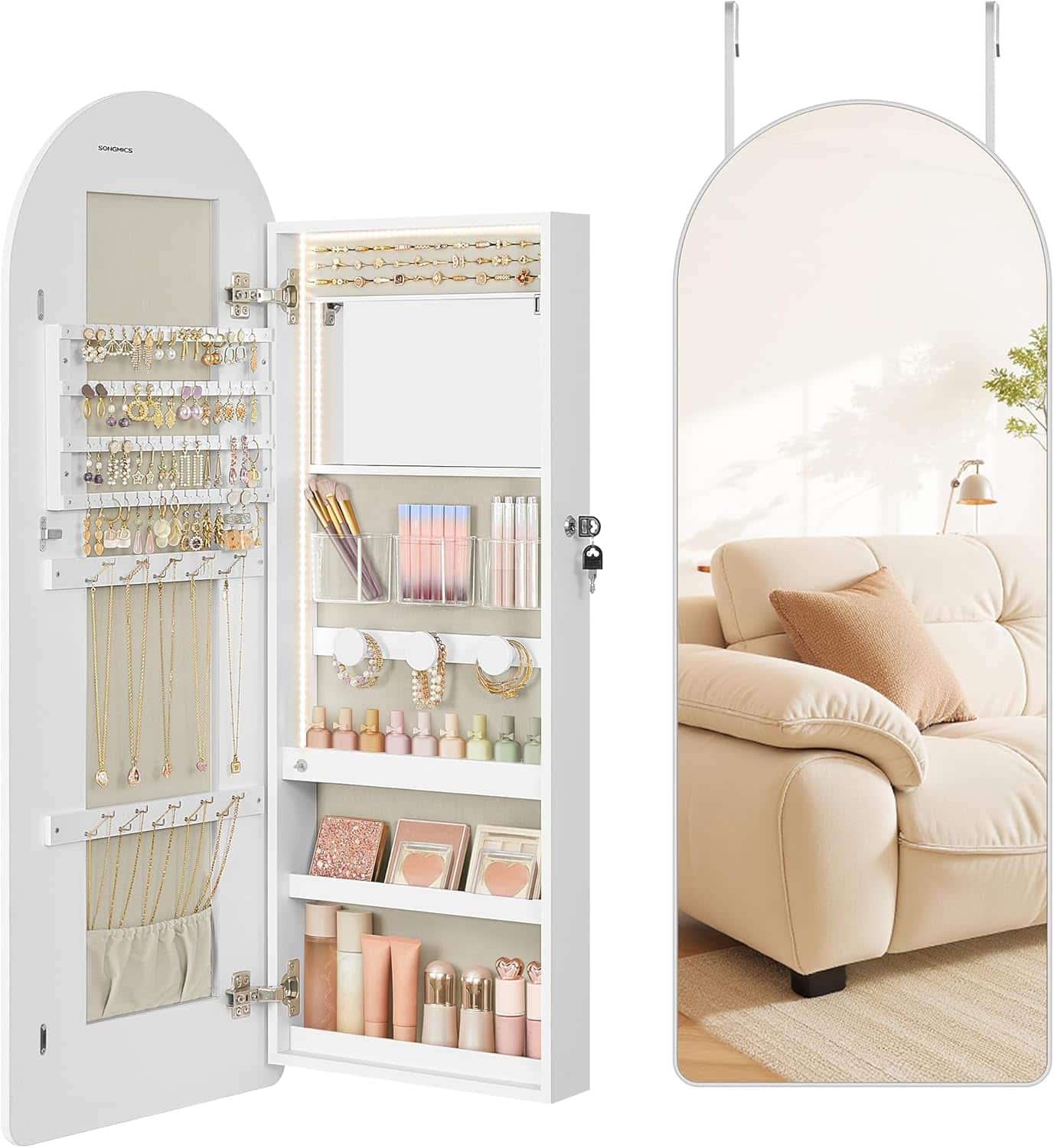 Stamp n Camp - SONGMICS Wide Jewelry Organizer, LED Jewelry Cabinet Wall/Door Mounted, Arched Mirror with Storage, Lockable - Cloud White
