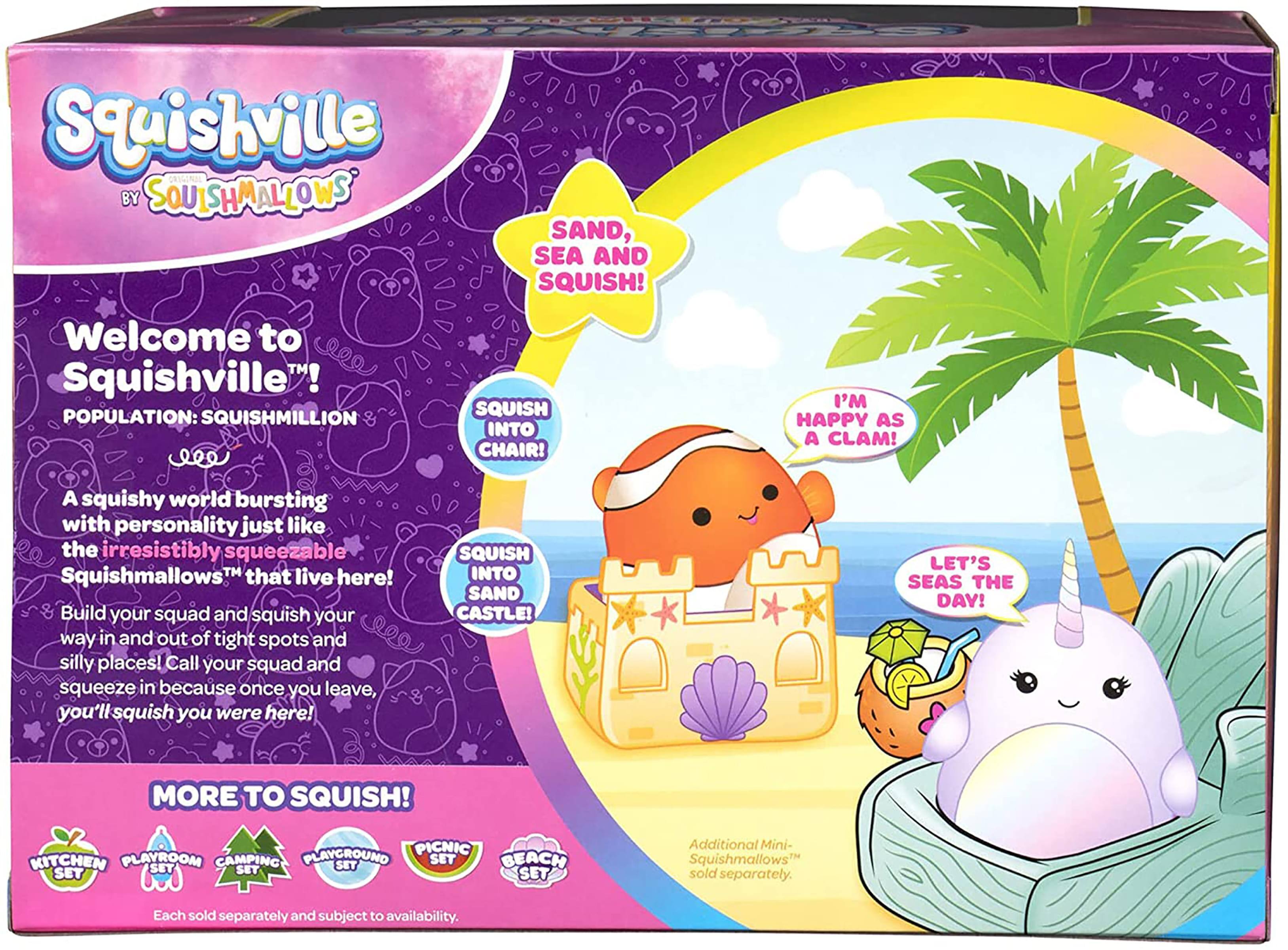 Squishville by Squishmallows

Welcome to Squishville!  
Population: Squishmillion

Squish into chair!  
I'm happy as a clam!  
A squishy world bursting with personality just like the irresistibly squeezable Squishmallows™ that live here!  
Build your squad and squish your way in and out of tight spots and silly places!  
Call your squad and squeeze in because once you leave, you'll squish you were here!  
Squish into sand castle!  
Let's seas the day!  
More to squish!  

Additional Mini-Squishmallows sold separately.  
Each sold separately and subject to availability.