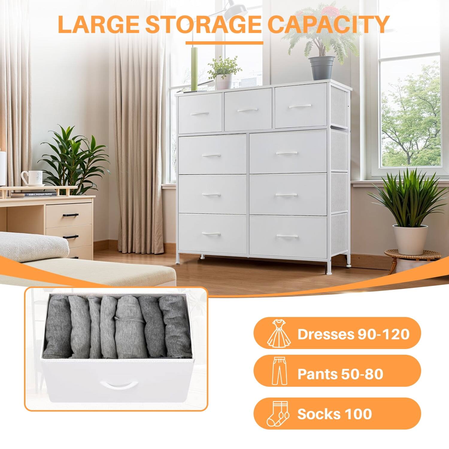 LARGE STORAGE CAPACITY

- Dresses 90-120
- Pants 50-80
- Socks 100