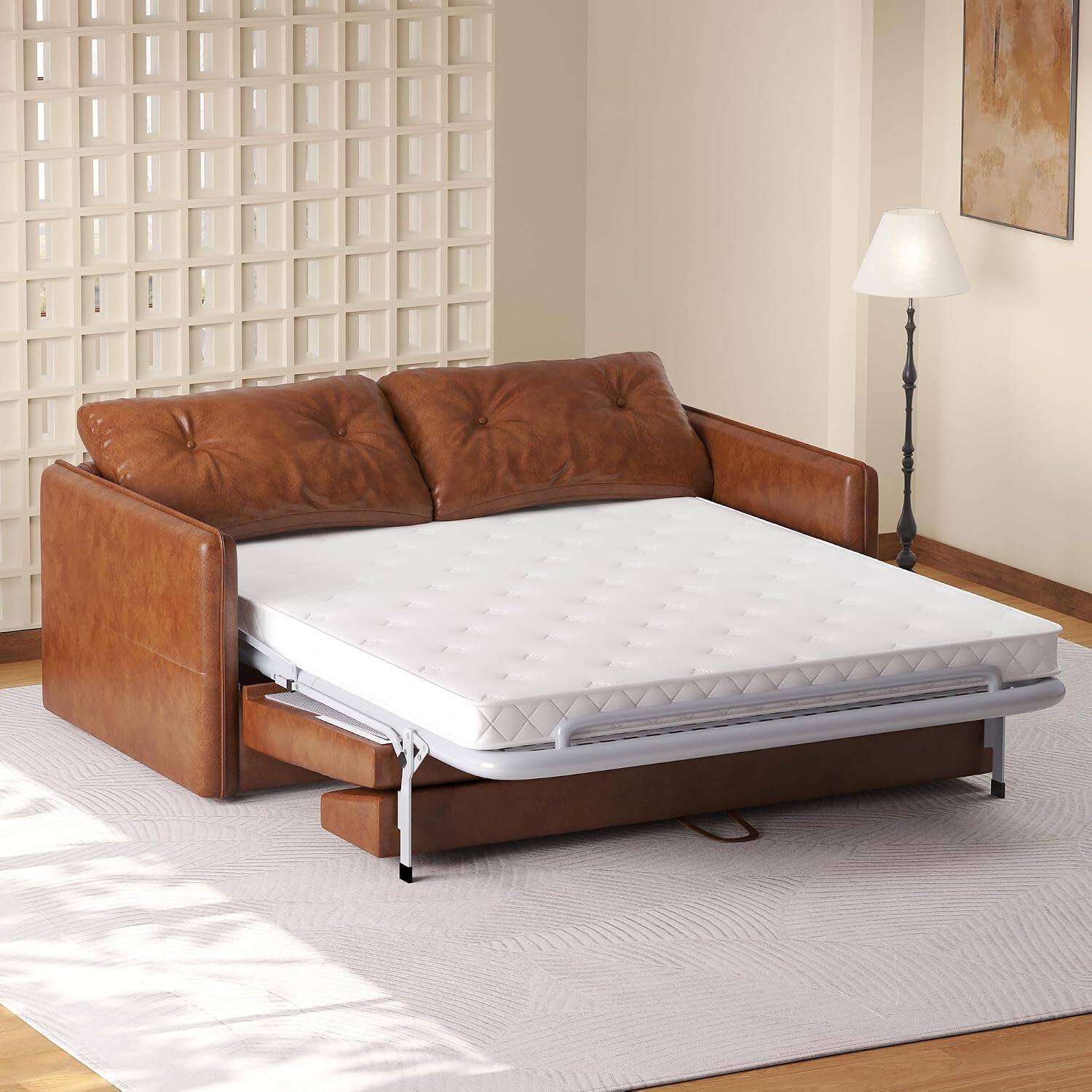 Alt View 3. luck idea - 63" Convertible Sofa Bed, Pull-Out Loveseat with Mattress, Brown PU Leather Couch, Deep Seat Cushion & Metal Frame for R - BROWN.