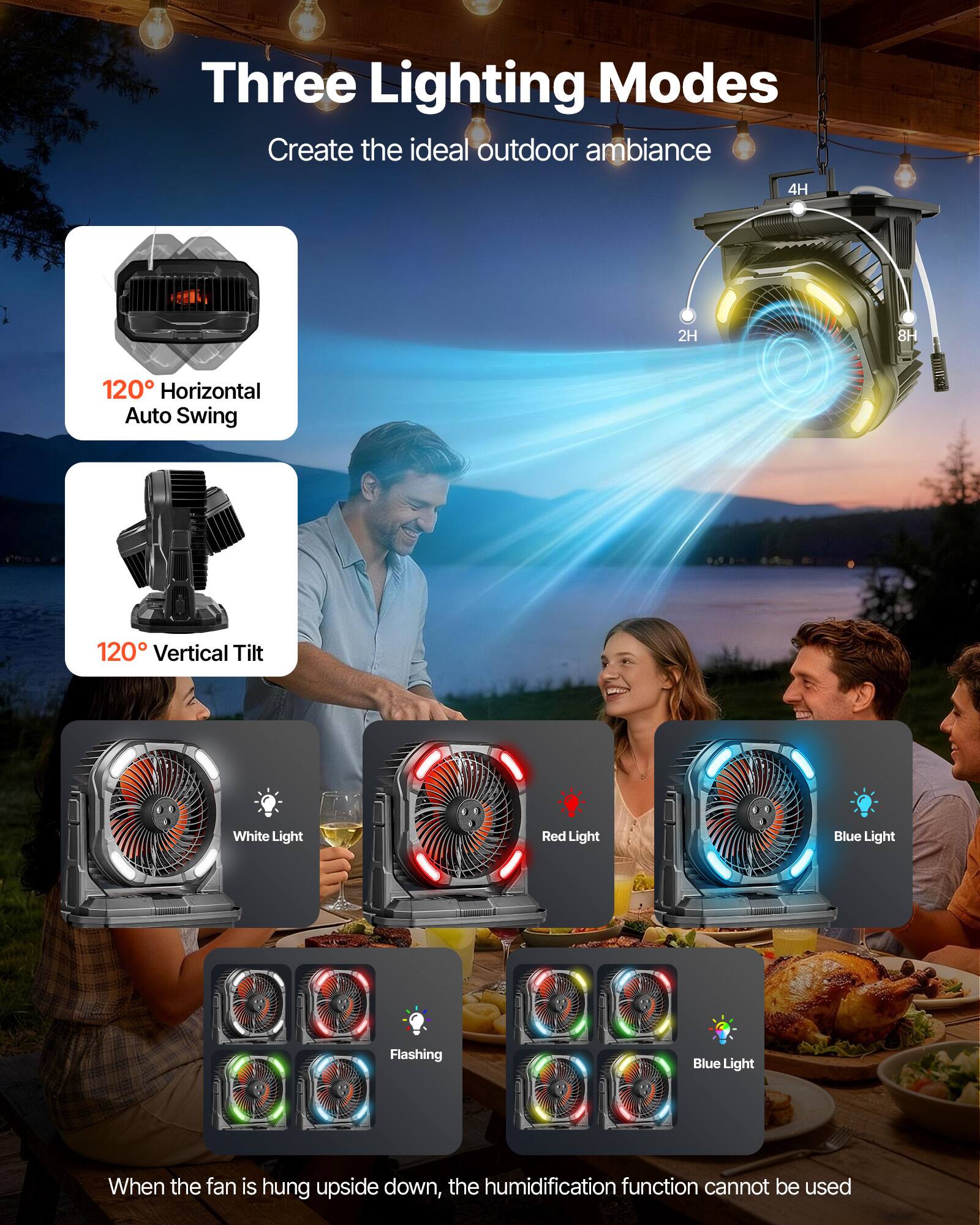 Three Lighting Modes Create the ideal outdoor ambiance

- 120° Horizontal Auto Swing
- 120° Vertical Tilt
- White Light
- Red Light
- Blue Light
- Flashing Blue Light

When the fan is hung upside down, the humidification function cannot be used