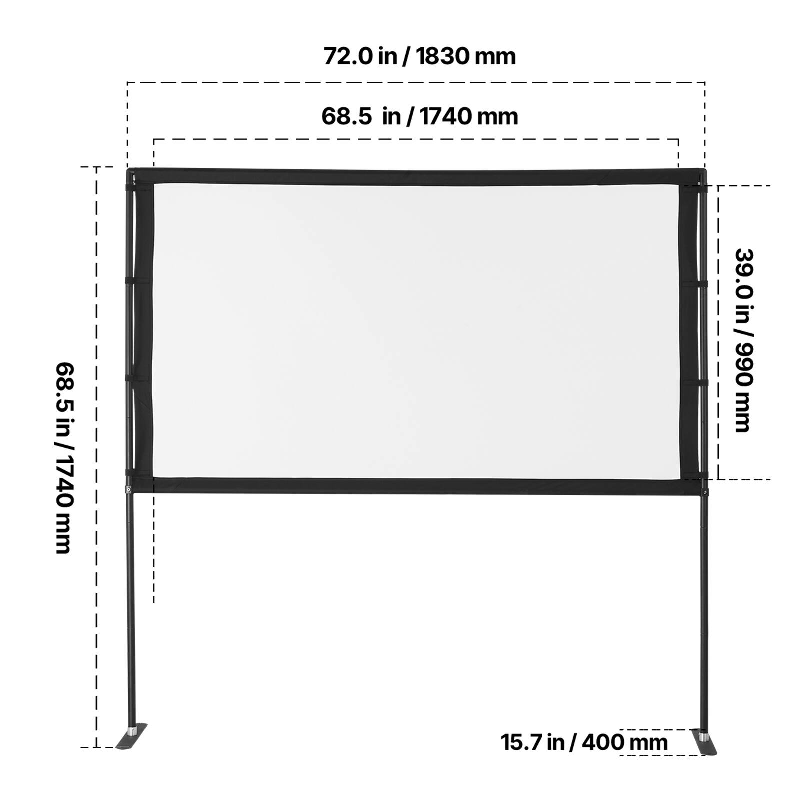 72.0 in / 1830 mm  
68.5 in / 1740 mm  
39.0 in / 990 mm  
15.7 in / 400 mm