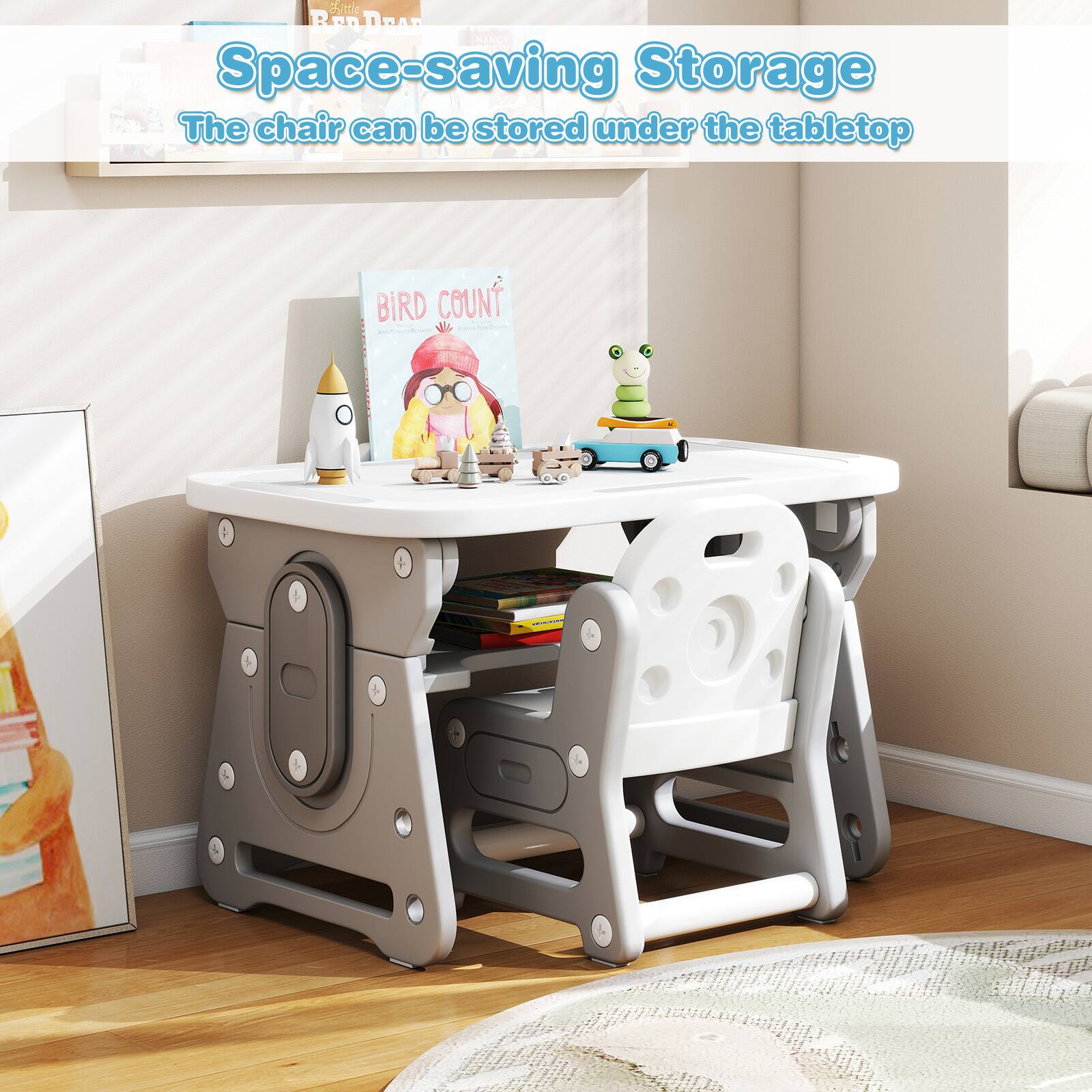 Space-saving Storage  
The chair can be stored under the tabletop