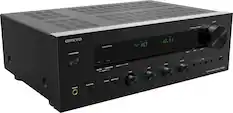 The text on the image reads: "Onkyo TX-8470 Network Stereo Receiver with Pure Audiophile Sound. Volume, On/Standby, Hybrid Standby, Menu, Tuning Mode, Memory Clear, Zone Off, Input, Bass, Treble, Balance, Enter, Return, and more."