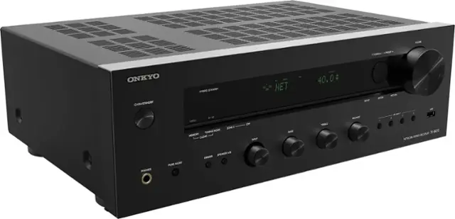 The text on the image reads: "Onkyo TX-8470 Network Stereo Receiver with Pure Audiophile Sound. Volume, On/Standby, Hybrid Standby, Menu, Tuning Mode, Memory Clear, Zone Off, Input, Bass, Treble, Balance, Enter, Return, and more."