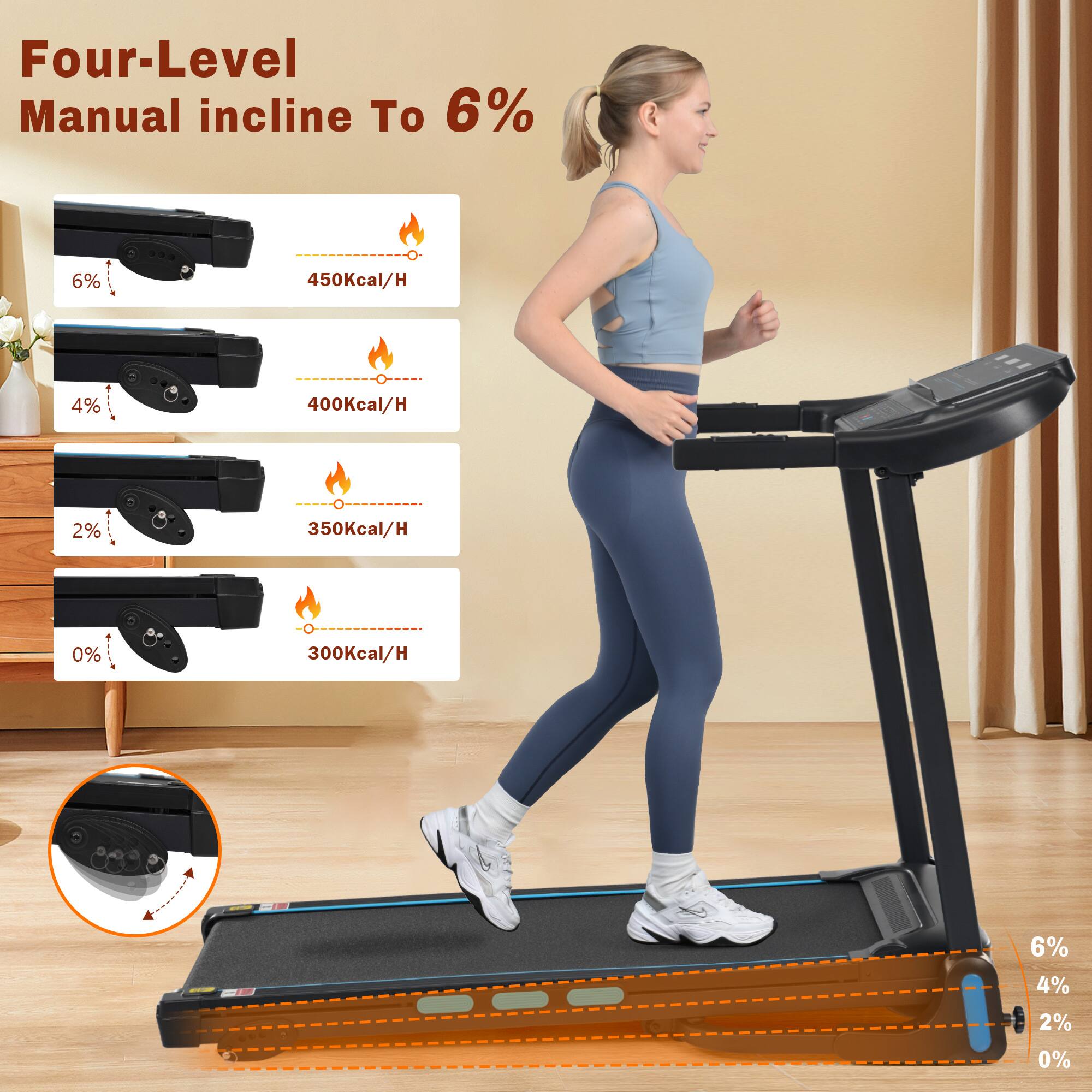 Four-Level Manual Incline to 6%

- 6%: 450Kcal/H
- 4%: 400Kcal/H
- 2%: 350Kcal/H
- 0%: 300Kcal/H

I: 6% 4% 2% 0%