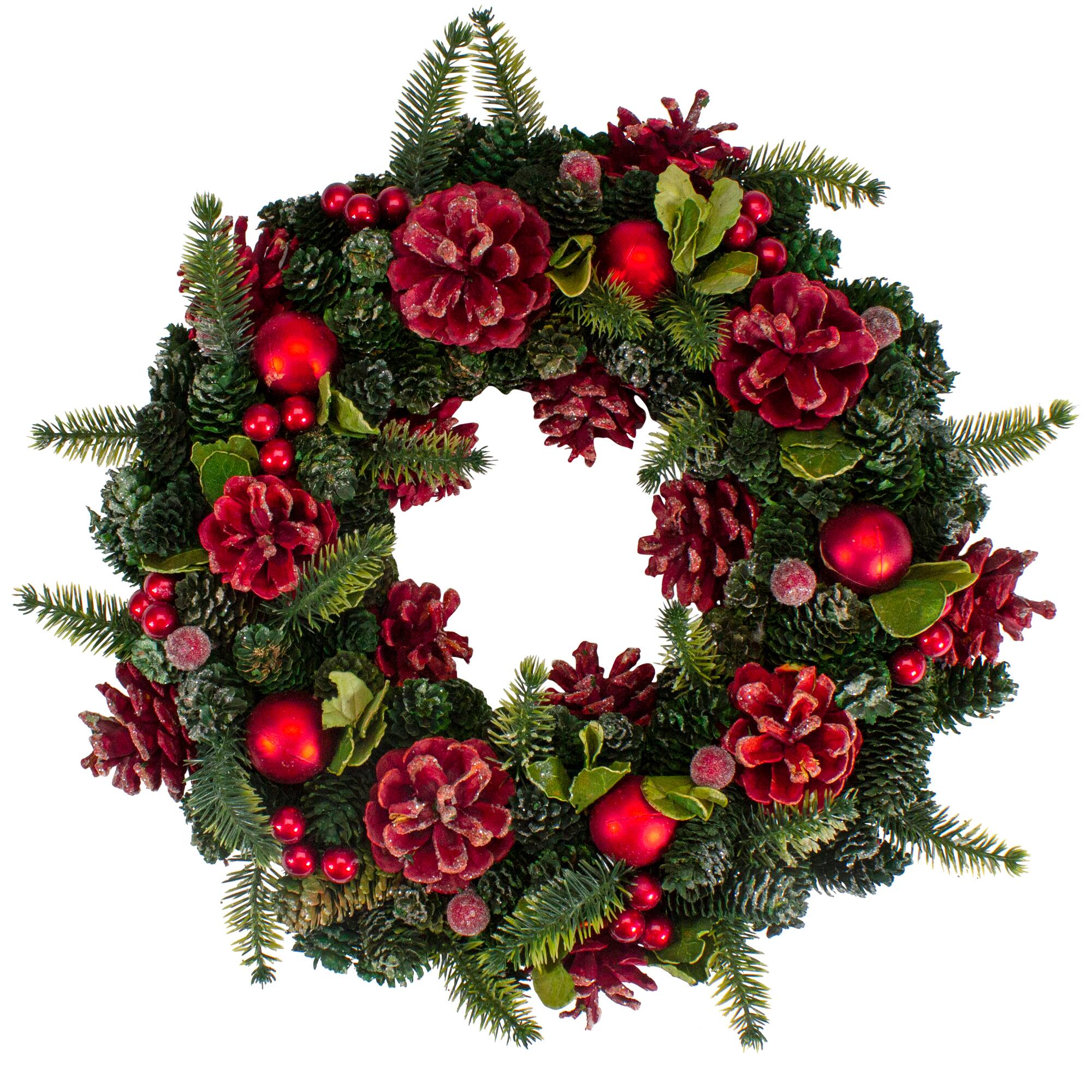 Northlight - Red Pine Cones and Ornaments Christmas Wreath, 13" - Unlit - Green