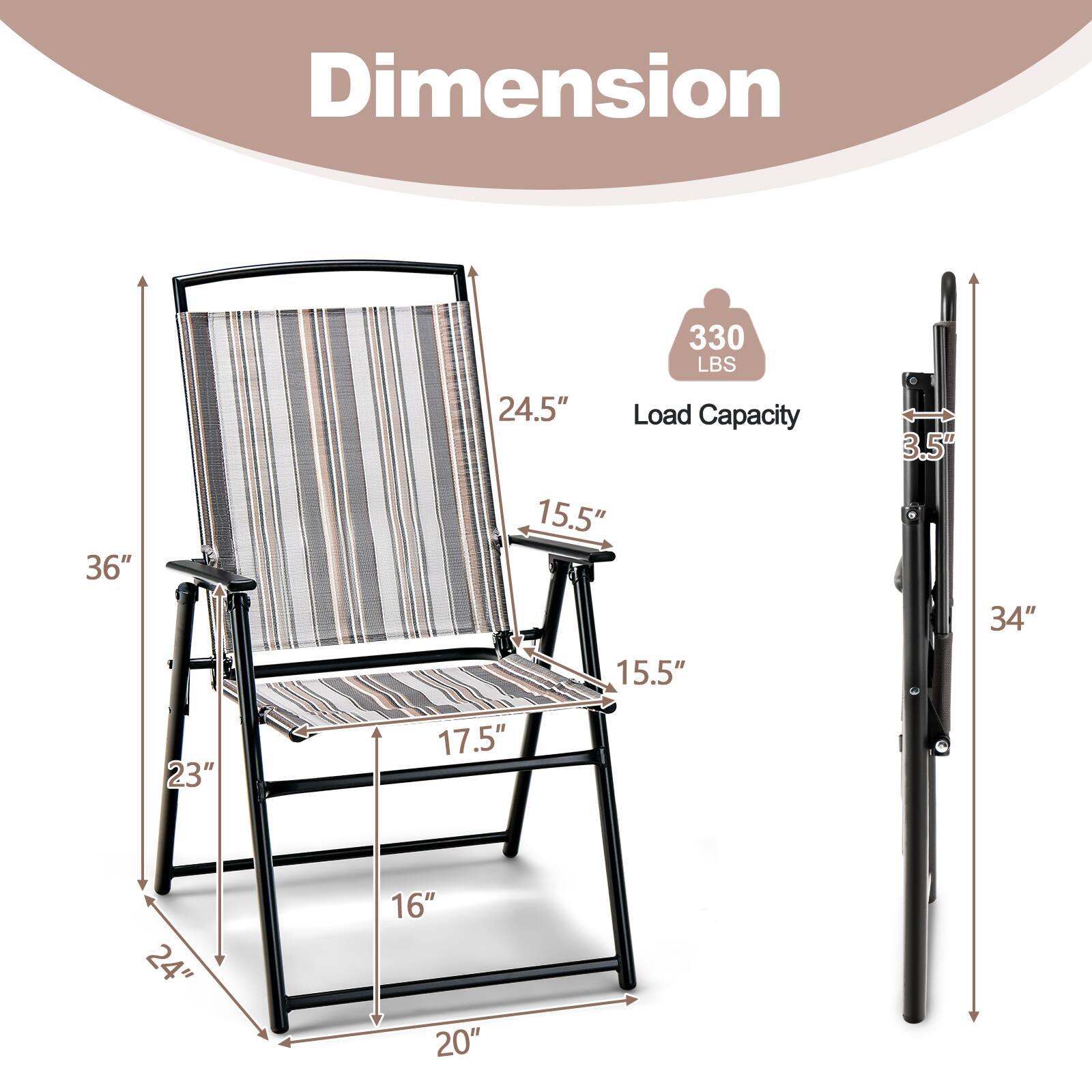 The corrected text is:

- Dimension: 330 LBS
- Load Capacity: 36" x 24.5" x 15.5" x 3.5" x 34" x 15.5" x 23" x 17.5" x 24" x 16" x 20"