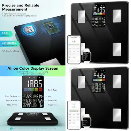 Precise and Reliable Measurement
4 highly accurate sensors and 4 BIA electrodes enhance weight precision
0.1 lb Increment
0.2-500 lbs Measurement Range
High Capacity & Sturdy
All on Color Display Screen
5.35-inch LED screen for easy reading and intuitive data visualization
Body Fat Rate
Muscle Mass
Body Water
BMI
Bone Mass
Visceral Fat
Body Type
Please Note: After your first app connection, you'll see the other 7 indicators, except weight.