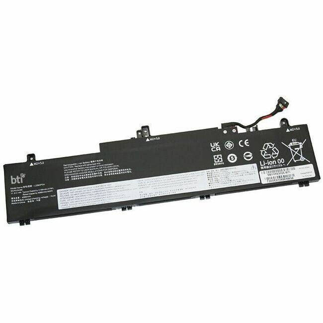 Sure, here is the corrected and grouped text from the image:
**Left Side:**
- bti
- Model: LENOVO P4
- 11.1V 3700mAh
- Capacity: 41.1Wh
- Made in China
- www.bti.com
**Right Side:**
- Li-ion 60
- EU
- CE
- UK
- CA
- 00
- 5
- Dod
- EU
- CE
- Li-ion
**Additional Symbols and Text:**
- Recycling symbol
- Warning symbols (e.g., no fire, no short circuit)
- Various certification marks (e.g., CE, UK, CA)
**Text on the Battery:**
- Lenovo
- Battery
- Li-ion
- 11.1V 3700mAh
- 41.1Wh
- Made in China
- www.lenovo.com
**Other Text:**
- (Text in different languages, likely instructions and warnings)