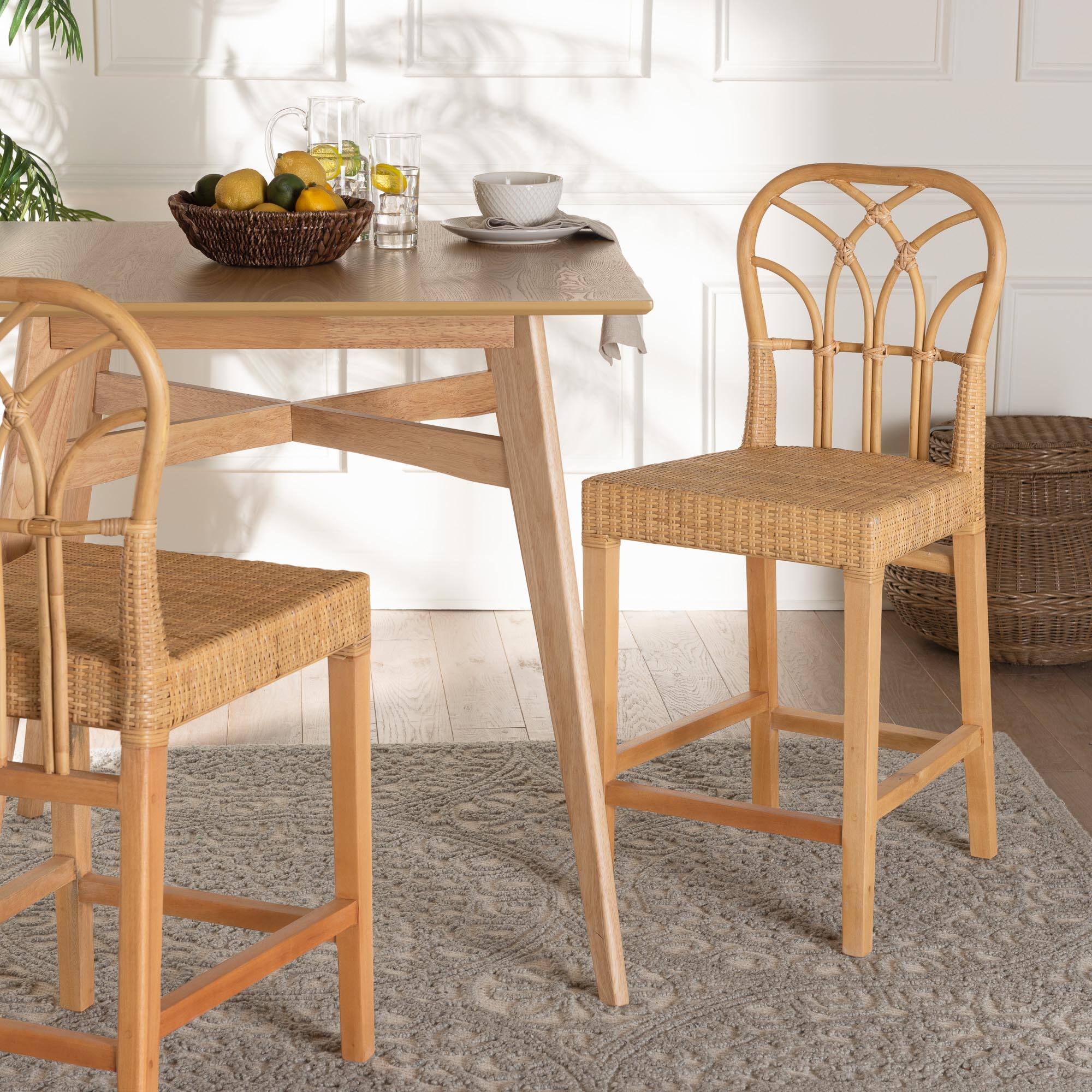 Alt View 4. bali & pari - Monaco Modern Bohemian Natural Rattan and Mahogany Wood Counter Stool - Natural Brown/Light Honey.