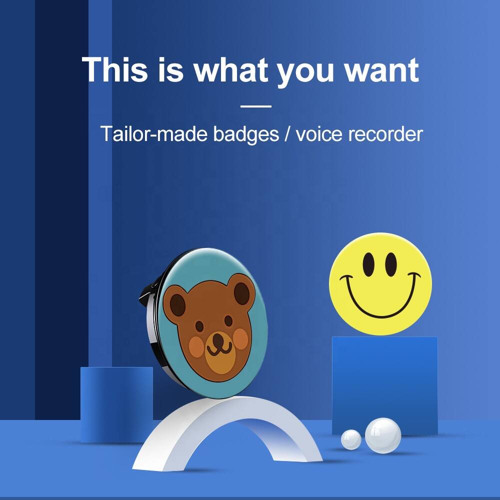 This is what you want  
Tailor-made badges / voice recorder