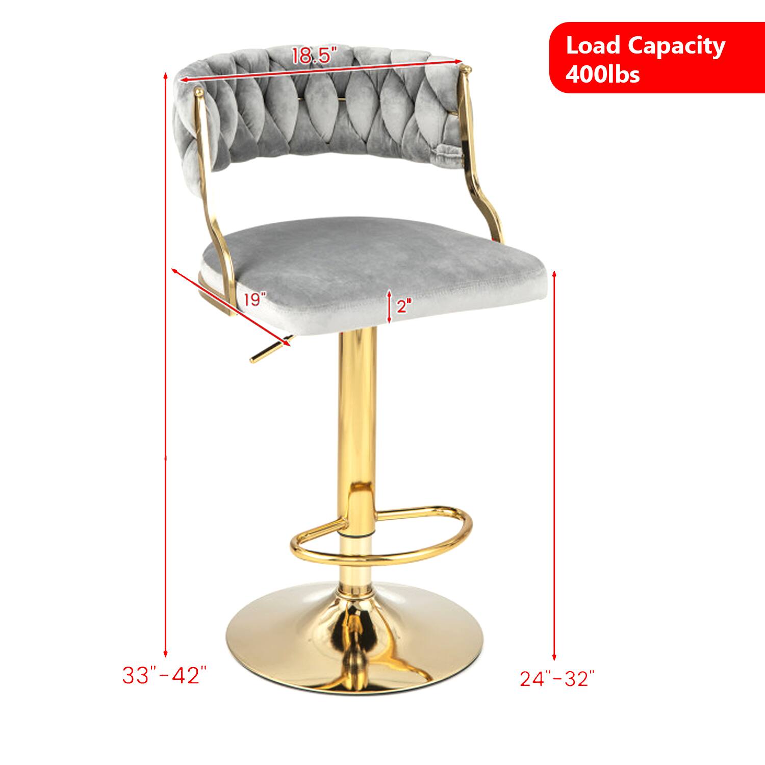 18.5" Load Capacity 400lbs  
19"  
2"  
33"-42"  
24"-32"