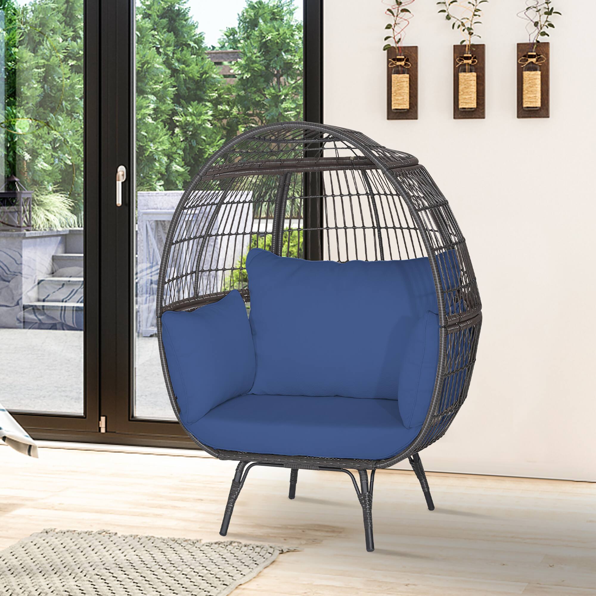 Alt View 8. Gymax - Gymax Patio Rattan Wicker Lounge Chair Oversized Outdoor Metal Frame Egg Chair w/ 4 Cushions - Mix Brown, Navy.