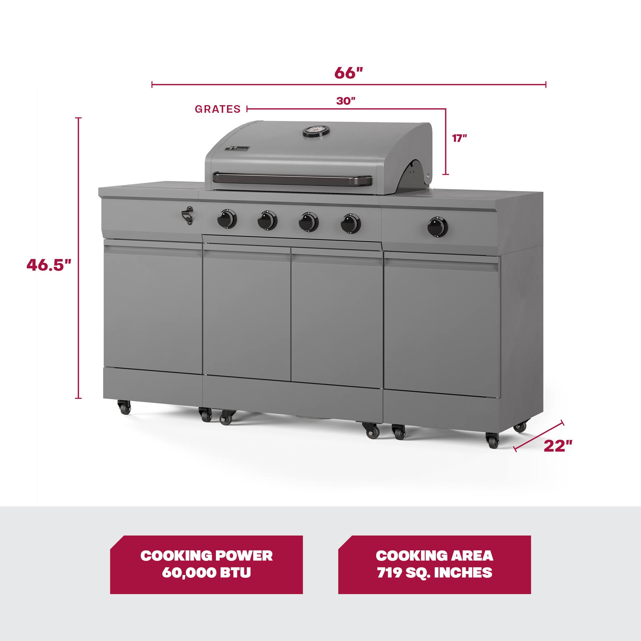 The text on the image is grouped and corrected as follows:

66" Grates 30" 17" 46.5" 22" Cooking Power 60,000 BTU Cooking Area 719 sq. inches