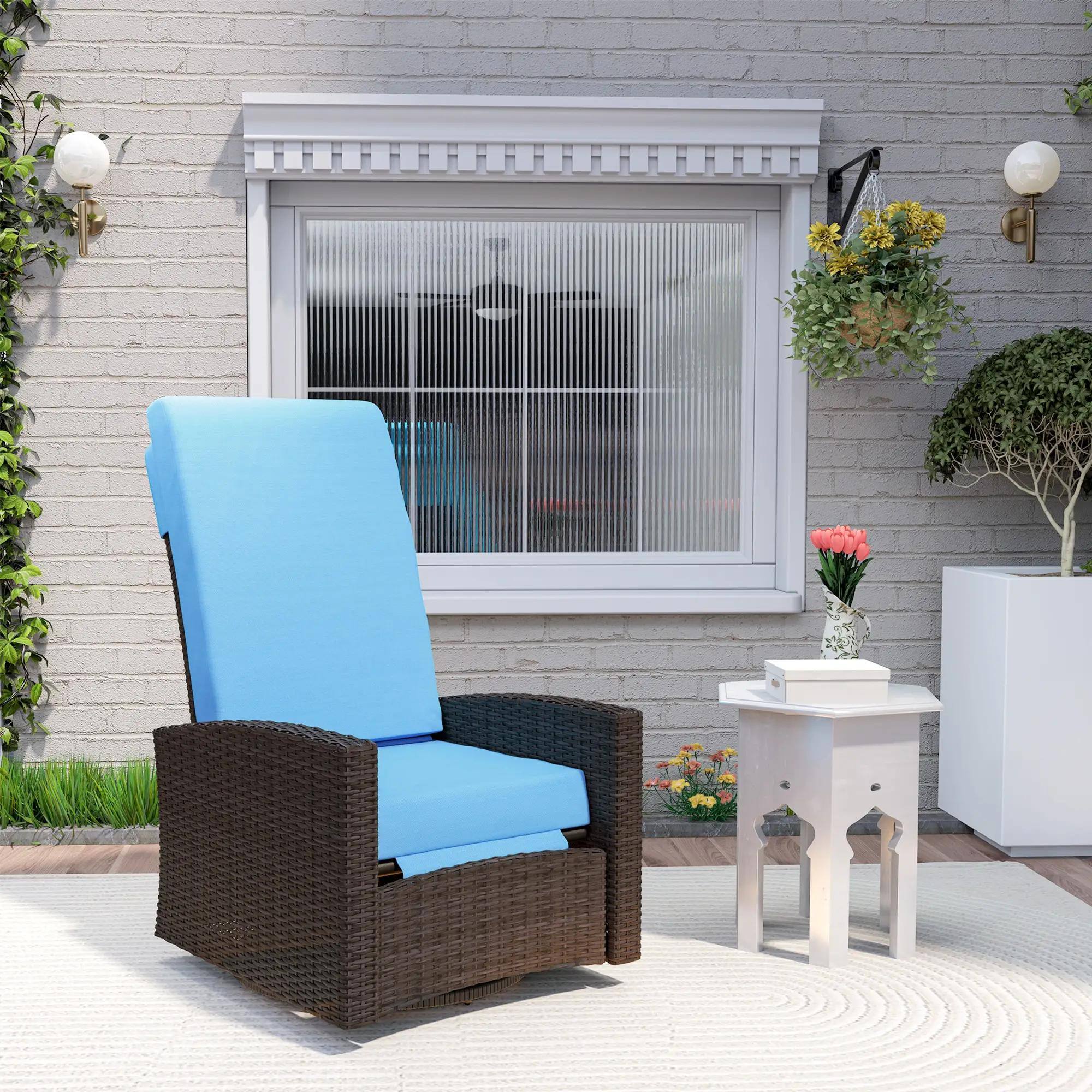 Left. Resenkos - Resenkos Wicker Swivel Recliner, Lifting Footrest, 360° Rotating, Durable Cushions, Comfortable Outdoor Chair, Sky Blue - Sky Blue.
