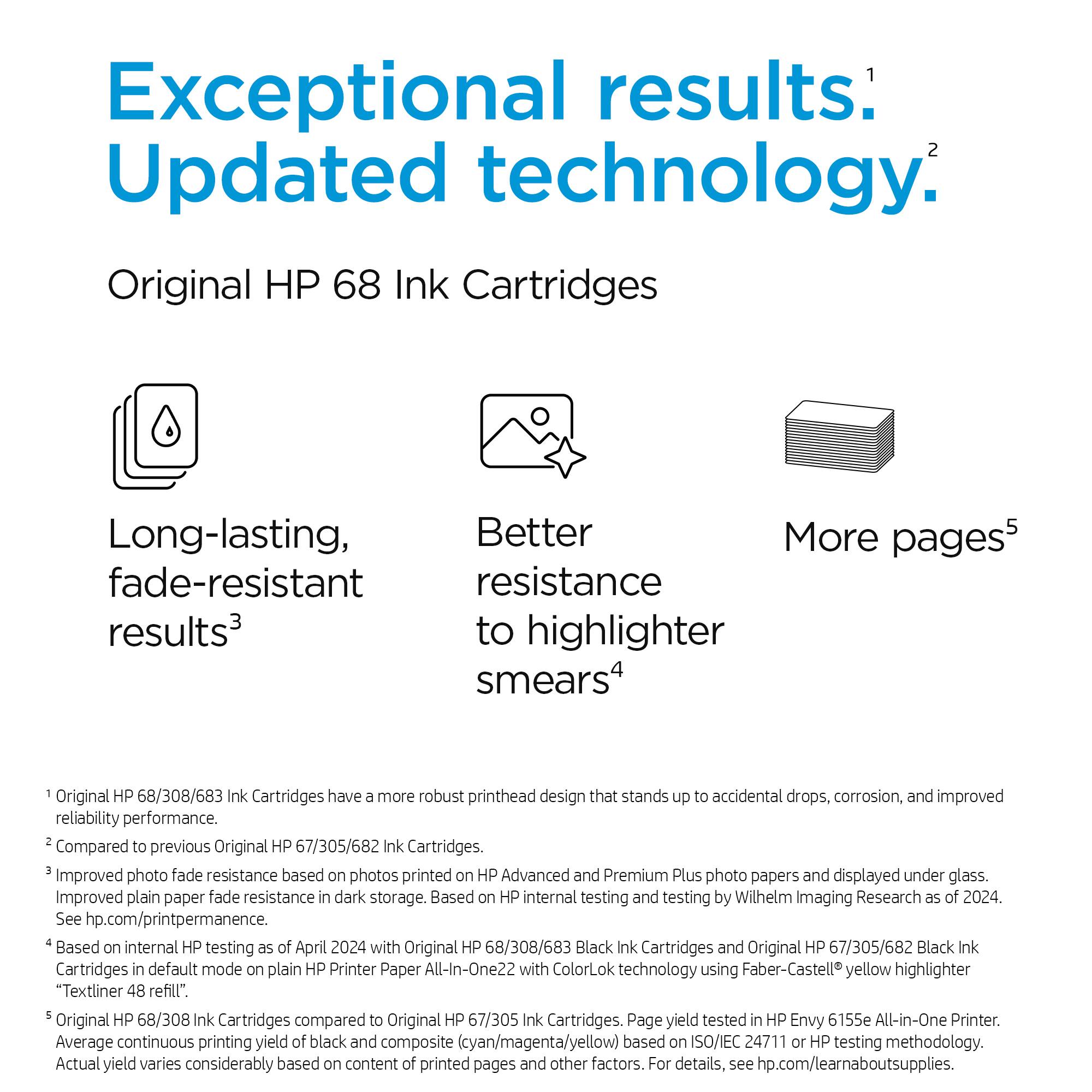Exceptional results.  
Updated technology.  

Original HP 68 Ink Cartridges  

- Long-lasting, fade-resistant results  
- Better resistance to highlighter smears  
- More pages  

1. Original HP 68/308/683 Ink Cartridges have a more robust printhead design that stands up to accidental drops, corrosion, and improved reliability performance.  
2. Compared to previous Original HP 67/305/682 Ink Cartridges.  
3. Improved photo fade resistance based on photos printed on HP Advanced and Premium Plus photo papers and displayed under glass. Improved plain paper fade resistance in dark storage. Based on HP internal testing and testing by Wilhelm Imaging Research as of 2024. See hp.com/printpermanence.  
4. Based on internal HP testing as of April 2024 with Original HP 68/308/683 Black Ink Cartridges and Original HP 67/305/682 Black Ink Cartridges in default mode on plain HP Printer Paper All-In-One22 with ColorLok technology using Faber-Castell yellow highlighter Textliner 48 refill.  
5. Original HP 68/